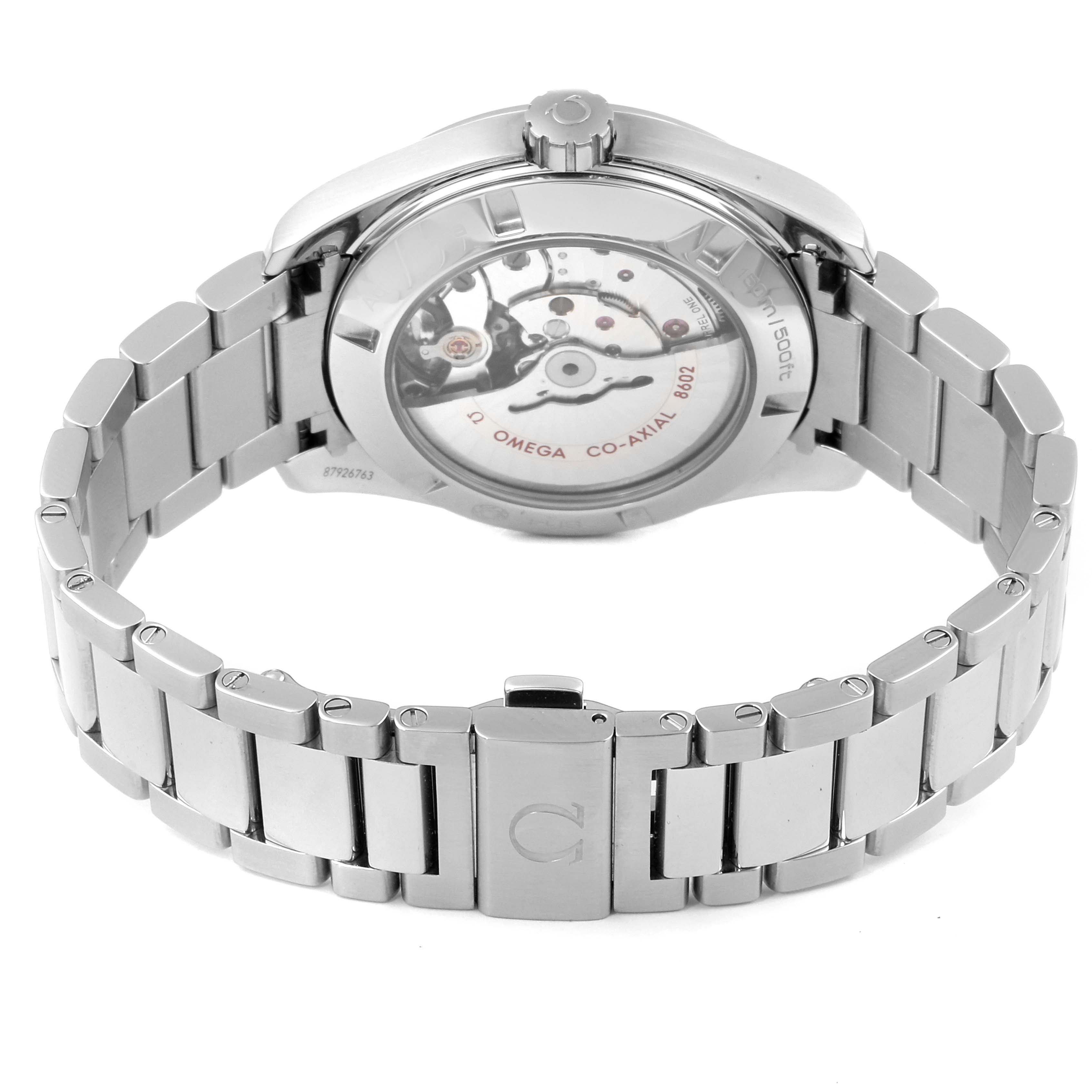 The image shows the back view of the Omega Aqua Terra 231.10.42.22.01.001 Men's Stainless Steel Black Dial 231.10.42.22.01.001 Men's Stainless Steel Black Dial watch, highlighting the transparent case back and stainless steel bracelet.