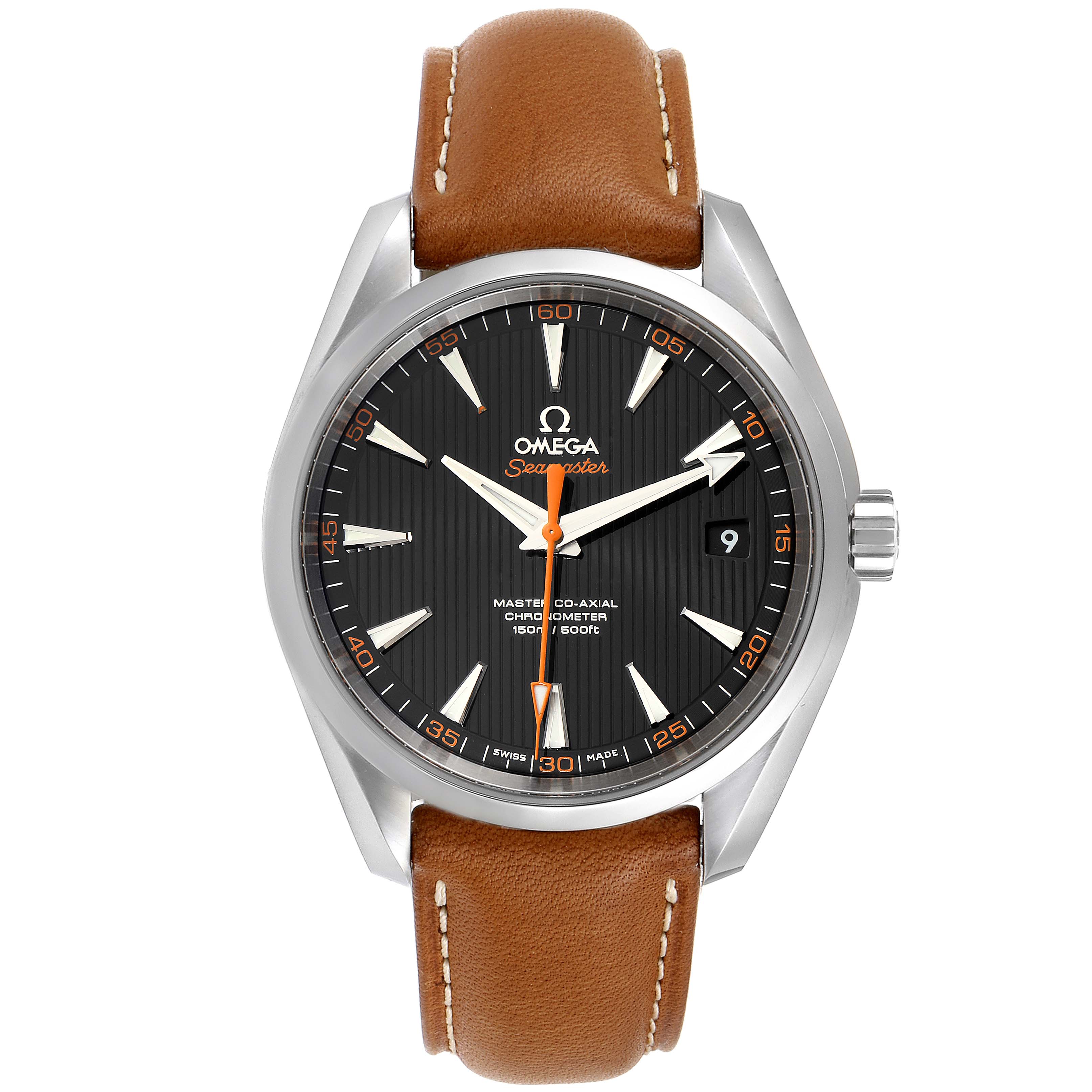 The image shows a front view of the Omega Aqua Terra 231.12.42.21.01.002 Men's Stainless Steel Black Dial 231.12.42.21.01.002 Men's Stainless Steel Black Dial model watch with a brown leather strap and a black dial.
