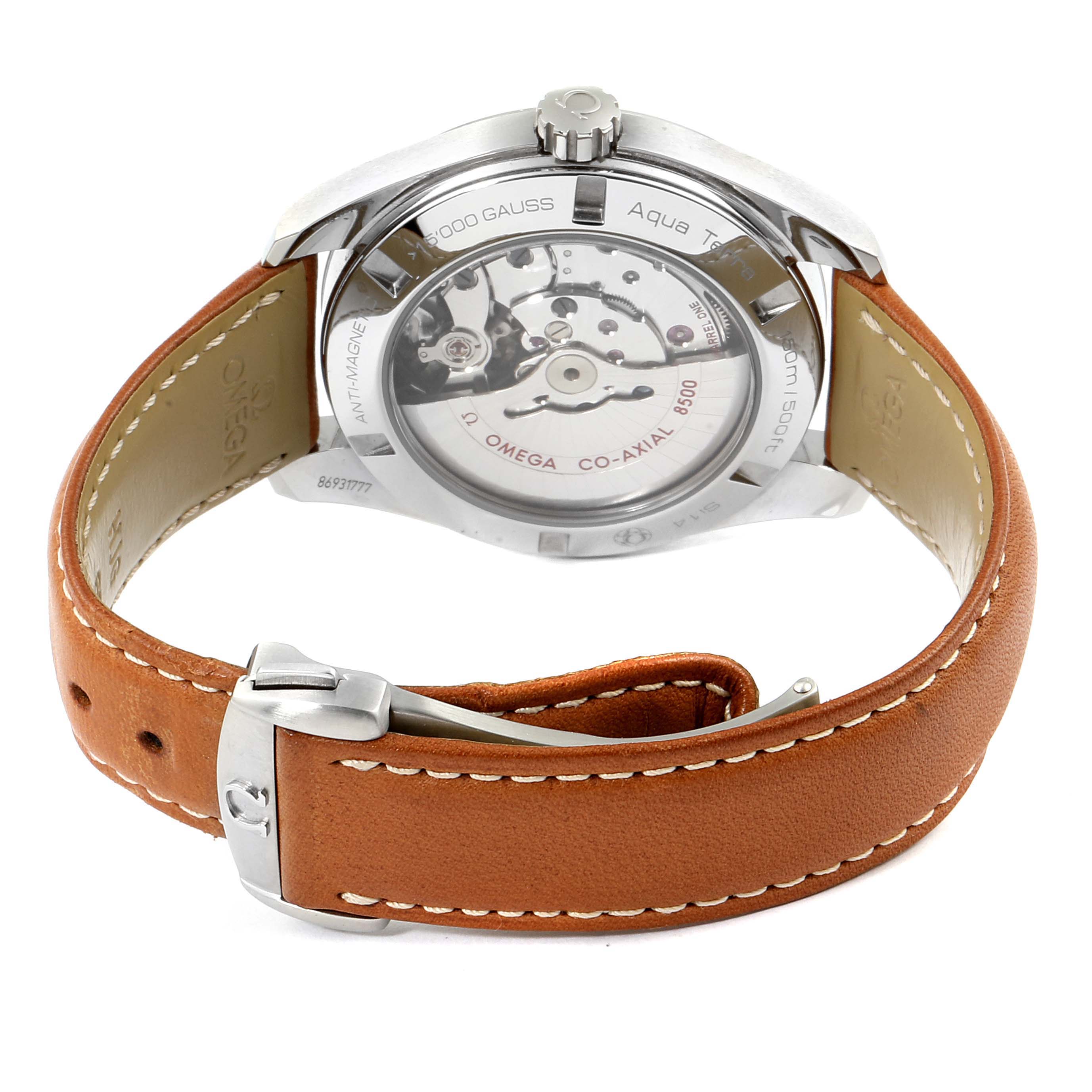 The image shows the back view of an Omega Aqua Terra 231.12.42.21.01.002 Men's Stainless Steel Black Dial 231.12.42.21.01.002 Men's Stainless Steel Black Dial watch with visible internal mechanisms and a leather strap.