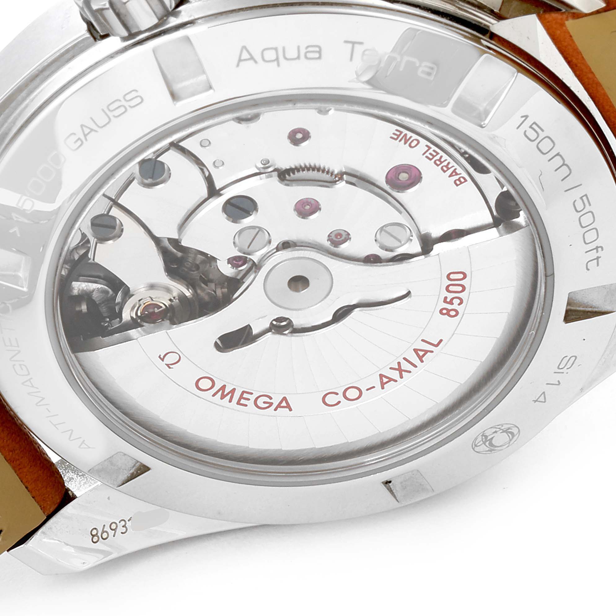 This image shows the back view of the Omega Aqua Terra 231.12.42.21.01.002 Men's Stainless Steel Black Dial 231.12.42.21.01.002 Men's Stainless Steel Black Dial watch, highlighting its movement and internal mechanisms.