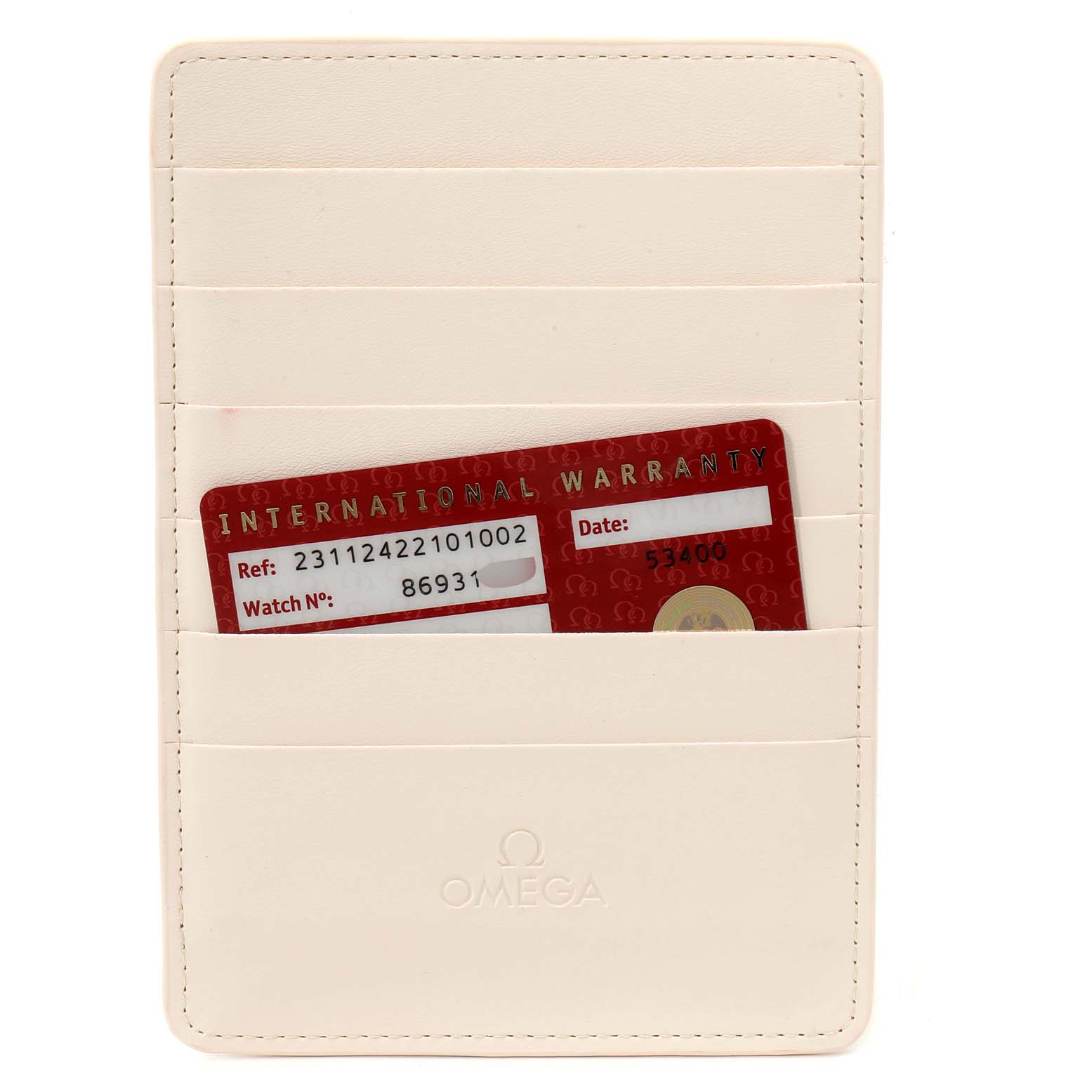 The image shows an Omega Aqua Terra 231.12.42.21.01.002 Men's Stainless Steel Black Dial 231.12.42.21.01.002 Men's Stainless Steel Black Dial model's international warranty card in a beige cardholder.