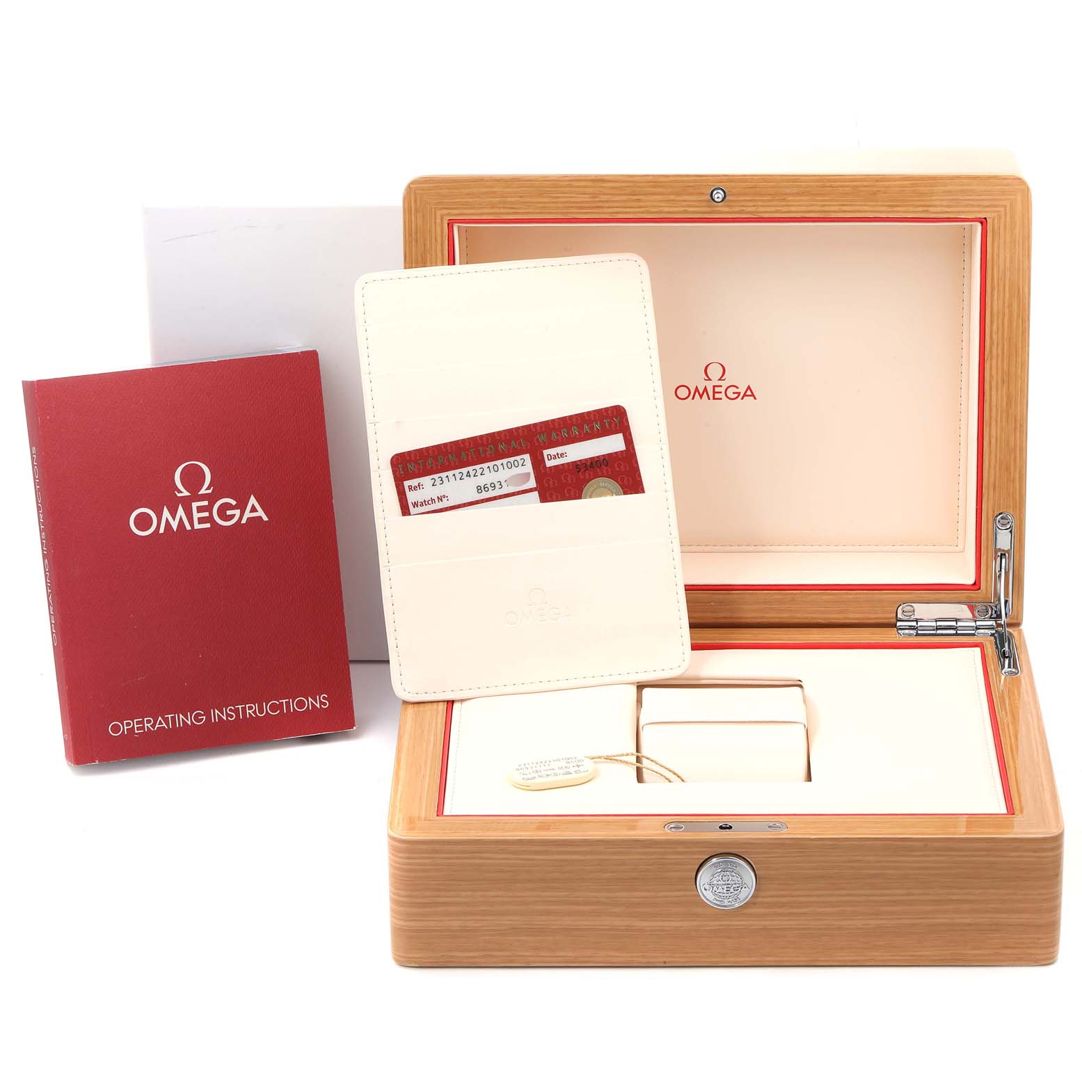 The image shows the Omega Aqua Terra 231.12.42.21.01.002 Men's Stainless Steel Black Dial 231.12.42.21.01.002 Men's Stainless Steel Black Dial watch box, warranty card, and operating instructions.