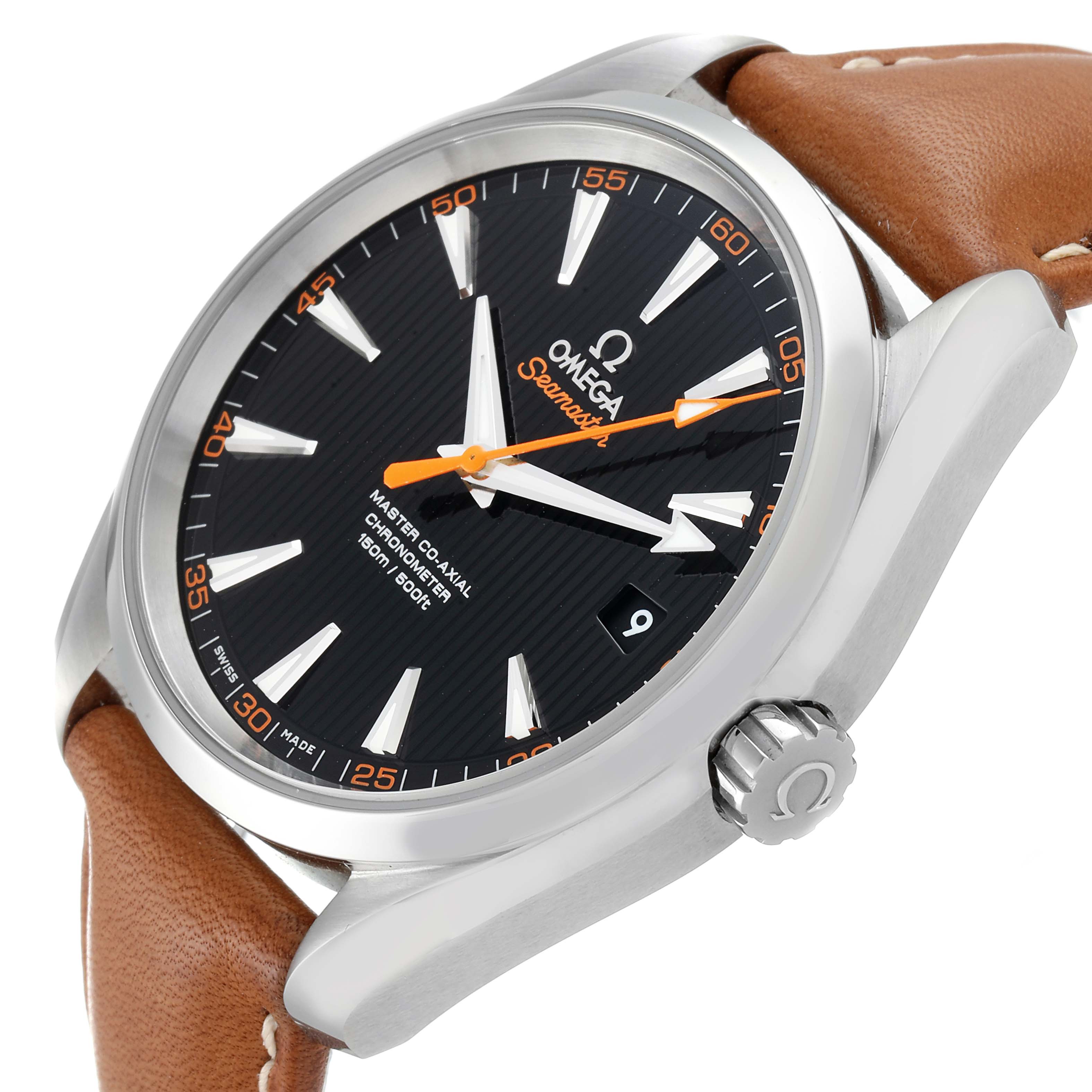 The Omega Aqua Terra 231.12.42.21.01.002 Men's Stainless Steel Black Dial 231.12.42.21.01.002 Men's Stainless Steel Black Dial watch is shown at an angled view, highlighting the black dial, hour markers, crown, and brown leather strap.