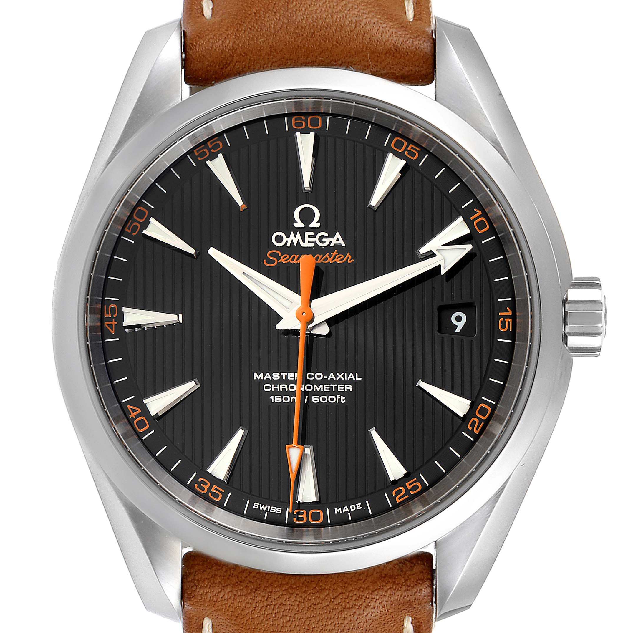 This image showcases the Omega Aqua Terra 231.12.42.21.01.002 Men's Stainless Steel Black Dial 231.12.42.21.01.002 Men's Stainless Steel Black Dial wristwatch's face and bezel at a straight-on angle.