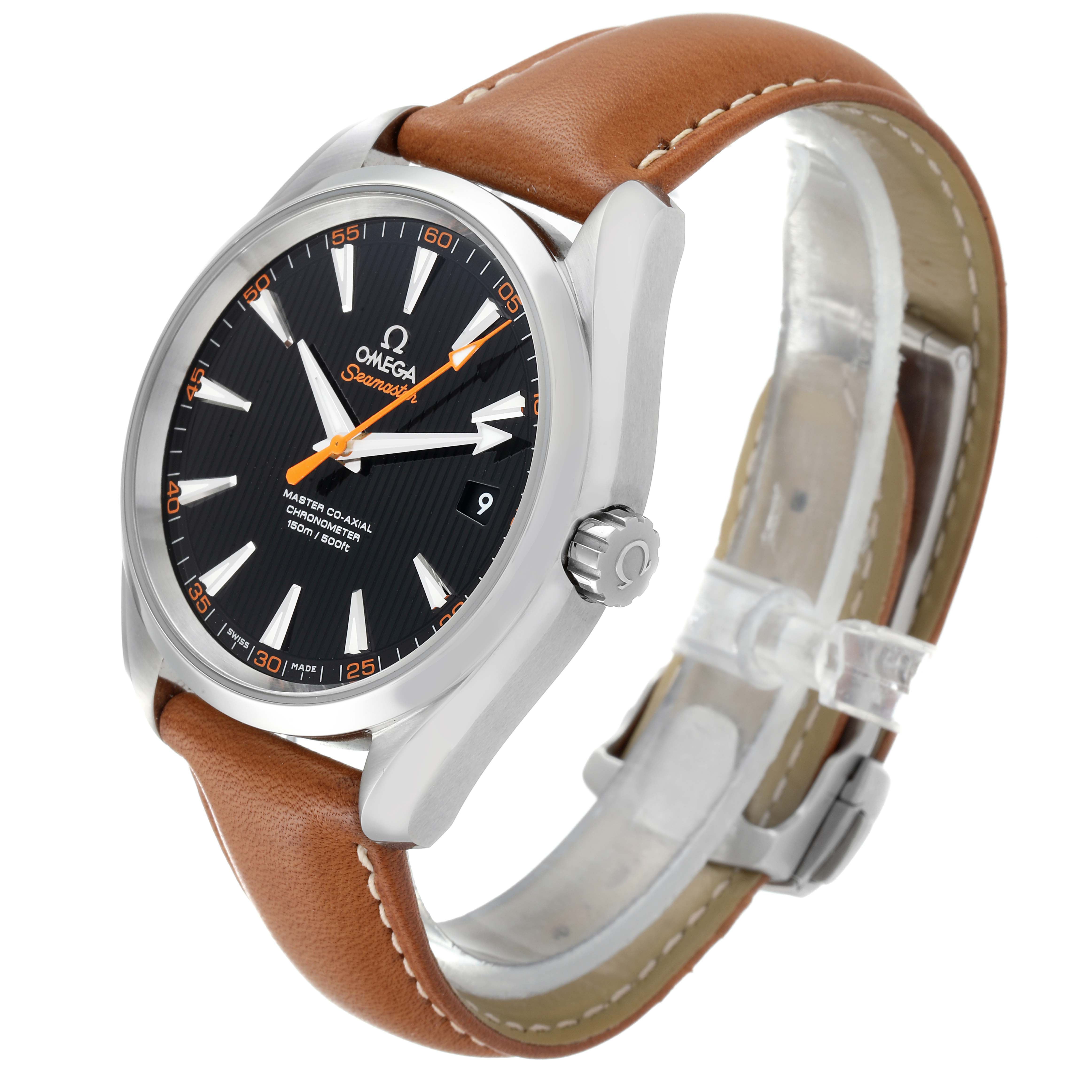 The Omega Aqua Terra 231.12.42.21.01.002 Men's Stainless Steel Black Dial 231.12.42.21.01.002 Men's Stainless Steel Black Dial watch is shown at a three-quarter angle, displaying the face, crown, and leather strap.