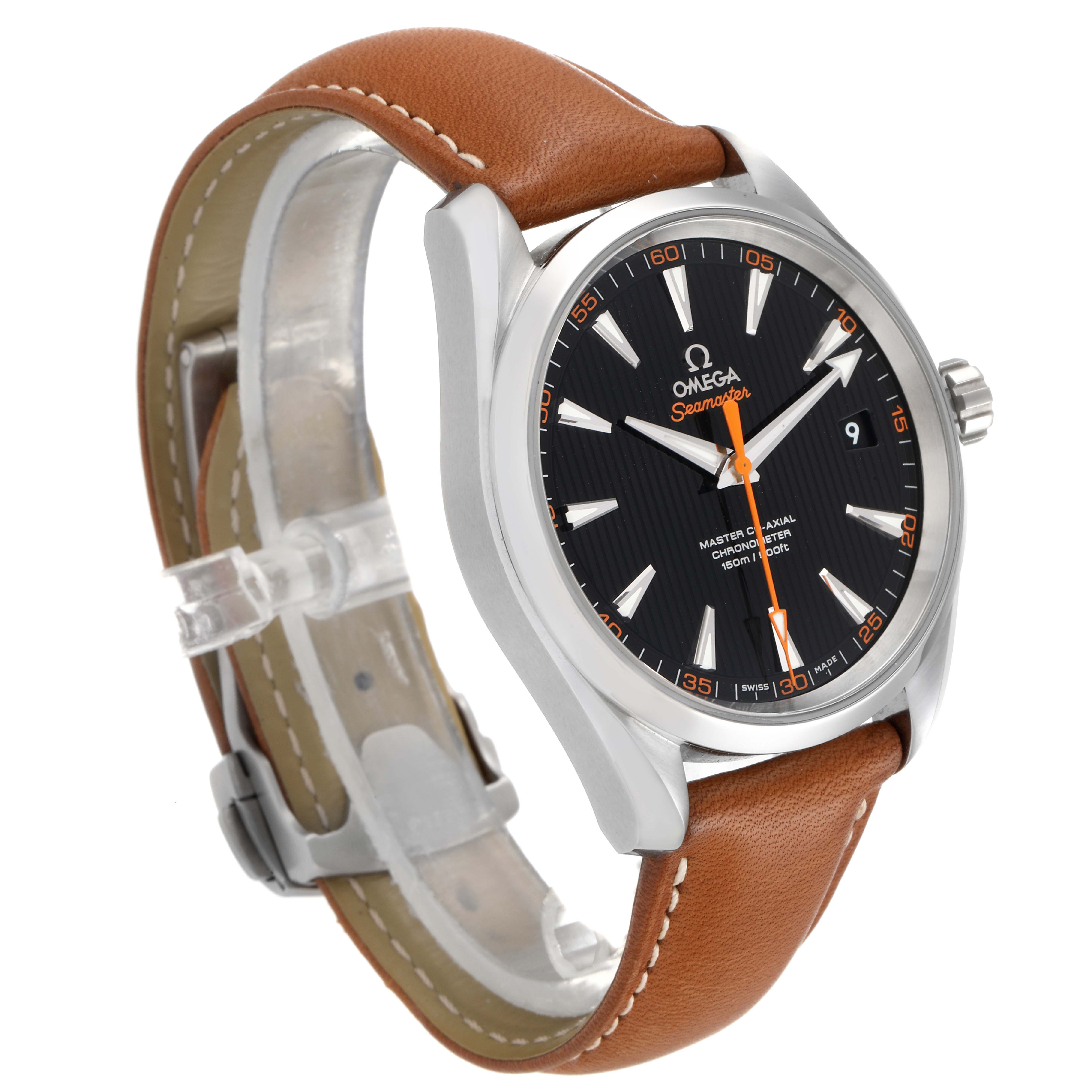 The image shows a side angle of the Omega Aqua Terra 231.12.42.21.01.002 Men's Stainless Steel Black Dial 231.12.42.21.01.002 Men's Stainless Steel Black Dial watch, displaying its face, crown, case, and leather strap.