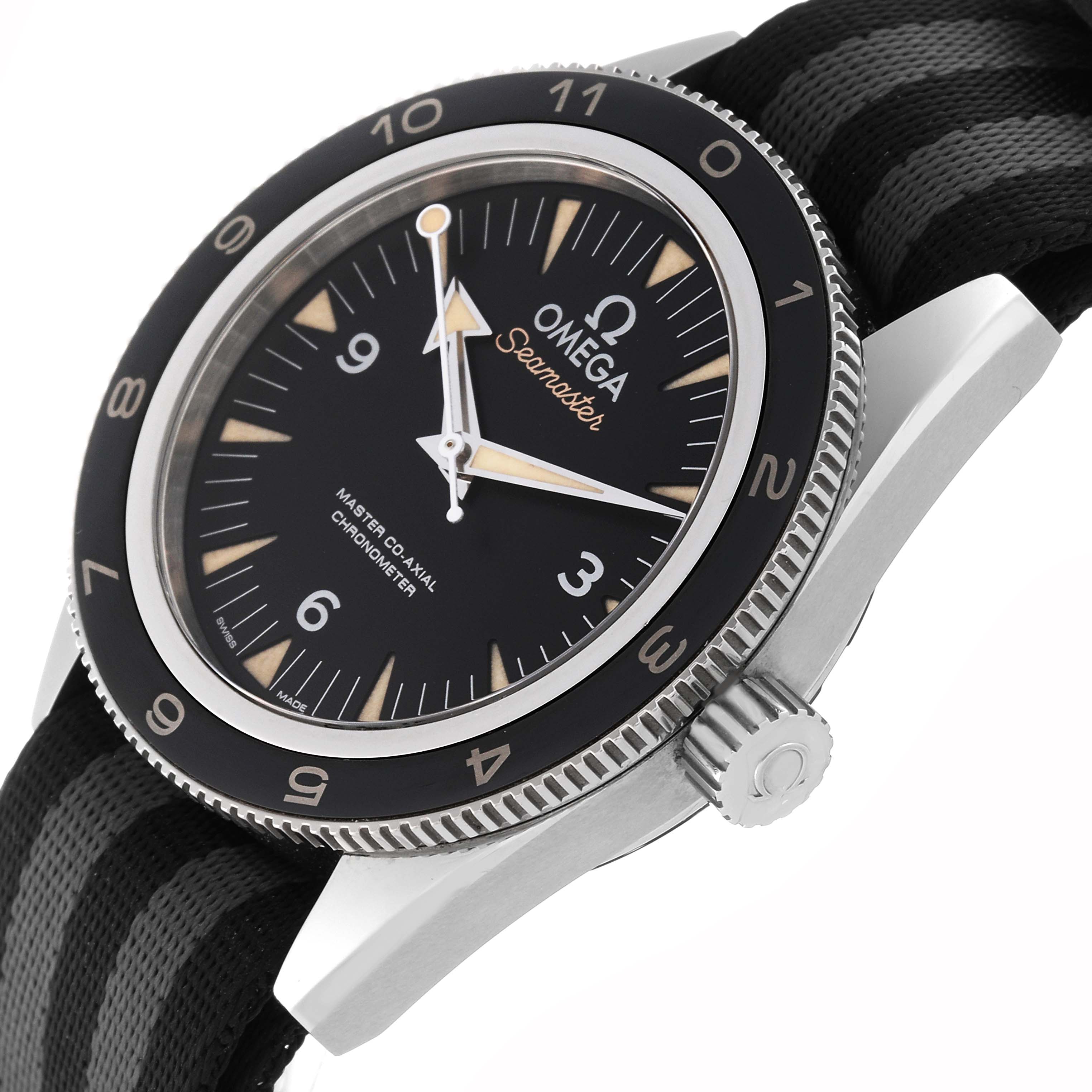 The image shows an angled front view of the Omega Seamaster 233.32.41.21.01.001 Men's Stainless Steel Black Dial 233.32.41.21.01.001 Men's Stainless Steel Black Dial watch, highlighting the bezel, dial, and part of the strap.