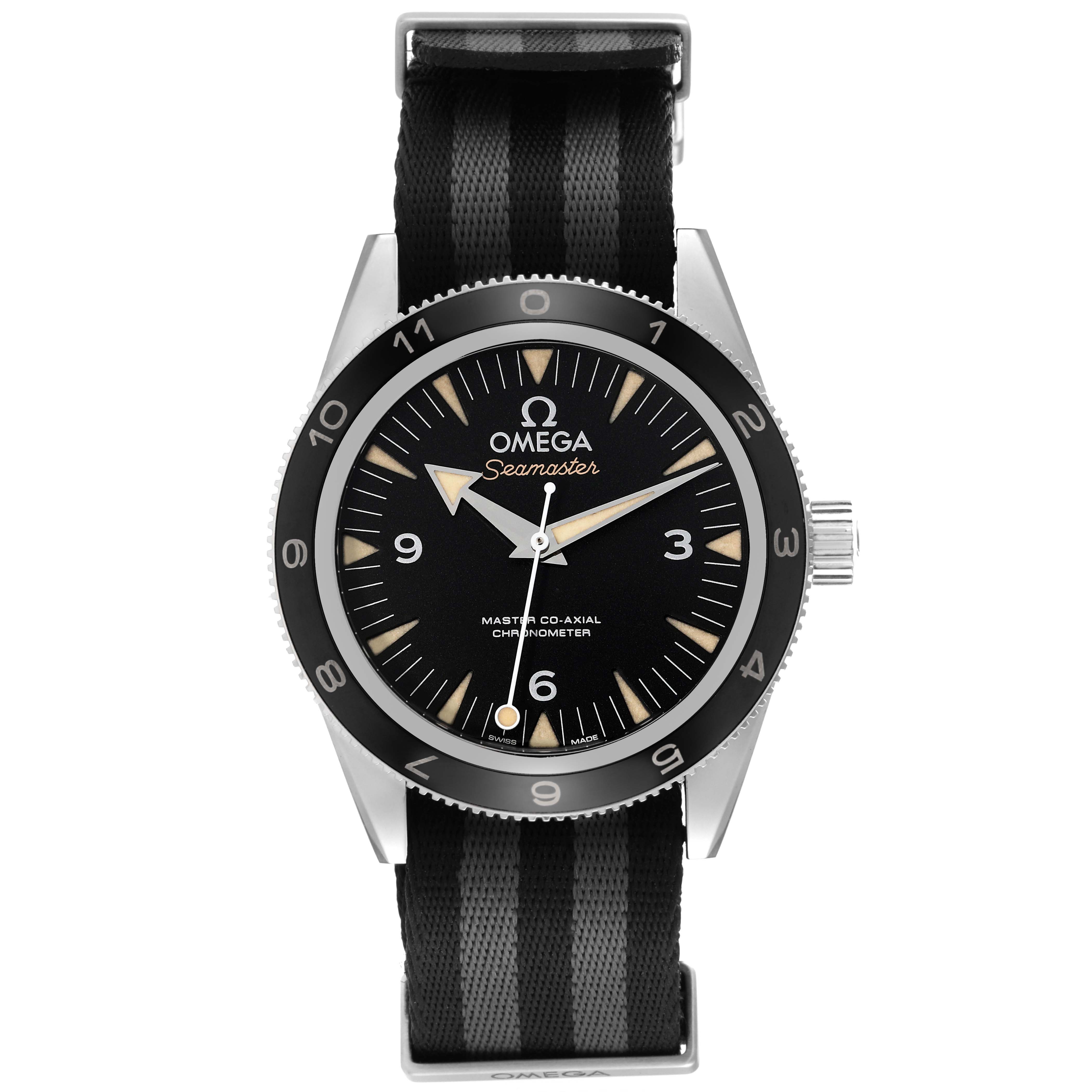 The Omega Seamaster 233.32.41.21.01.001 Men's Stainless Steel Black Dial 233.32.41.21.01.001 Men's Stainless Steel Black Dial watch is shown from the front, displaying the dial, bezel, and strap.