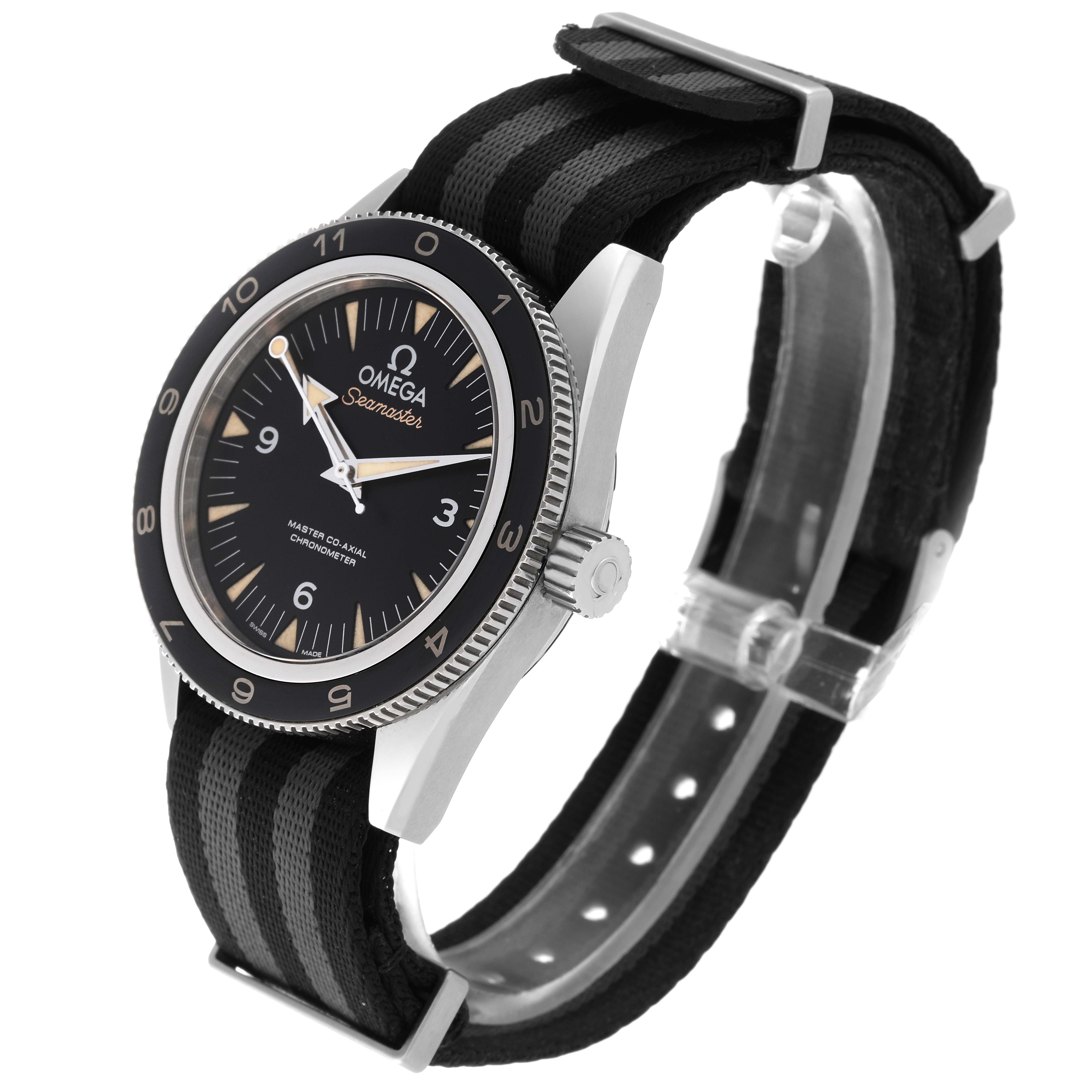 The image shows the Omega Seamaster 233.32.41.21.01.001 Men's Stainless Steel Black Dial 233.32.41.21.01.001 Men's Stainless Steel Black Dial watch from an angled side view, highlighting its face, bezel, crown, and black-striped strap.