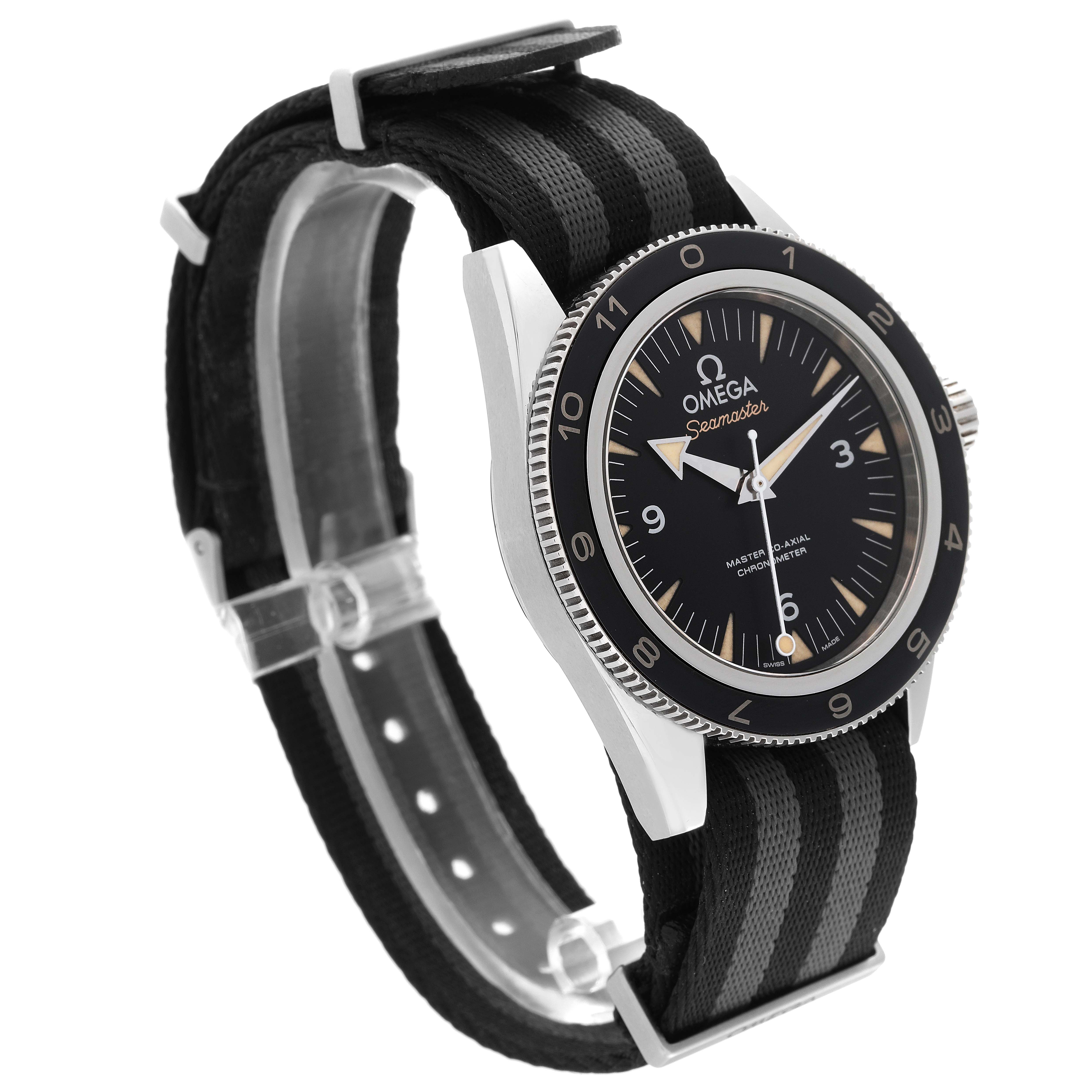 This image shows an Omega Seamaster 233.32.41.21.01.001 Men's Stainless Steel Black Dial 233.32.41.21.01.001 Men's Stainless Steel Black Dial watch at a side angle, highlighting its face, bezel, and black striped strap.