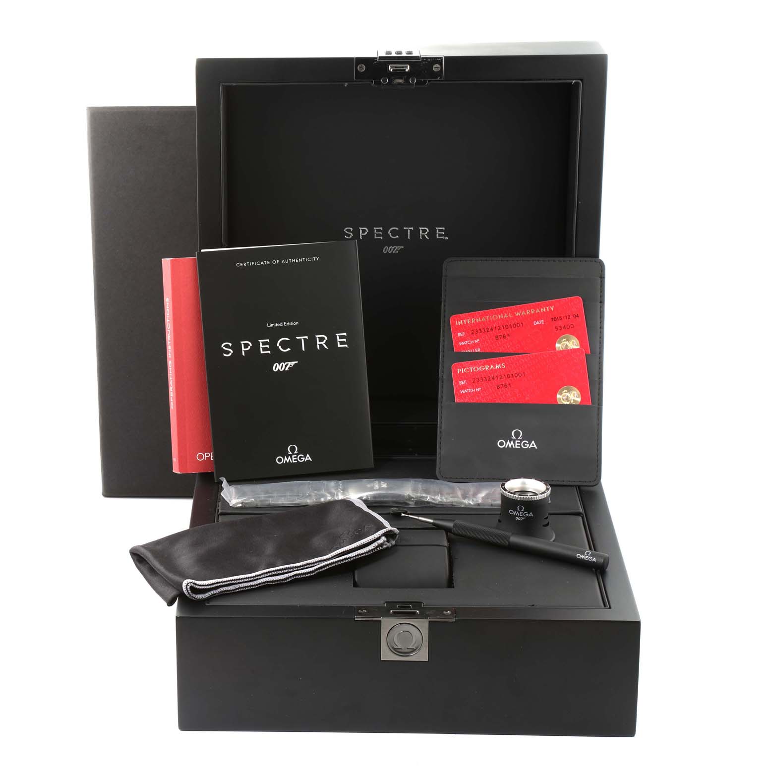 The image shows an Omega Seamaster 233.32.41.21.01.001 Men's Stainless Steel Black Dial 233.32.41.21.01.001 Men's Stainless Steel Black Dial box set with accessories including booklets, warranty cards, a cleaning cloth, and tools.