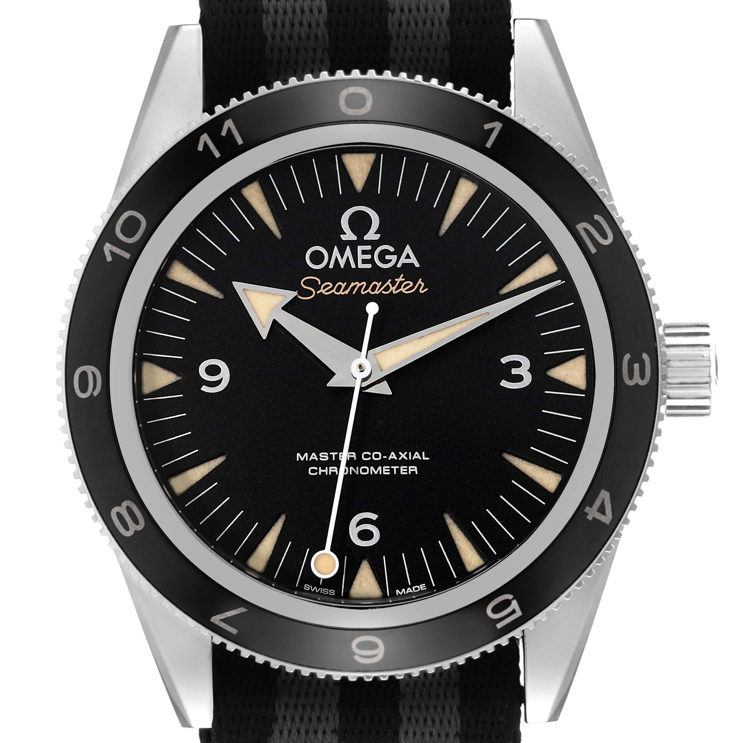 The image shows a front view of an Omega Seamaster 233.32.41.21.01.001 Men's Stainless Steel Black Dial 233.32.41.21.01.001 Men's Stainless Steel Black Dial watch, highlighting the dial, bezel, and crown.