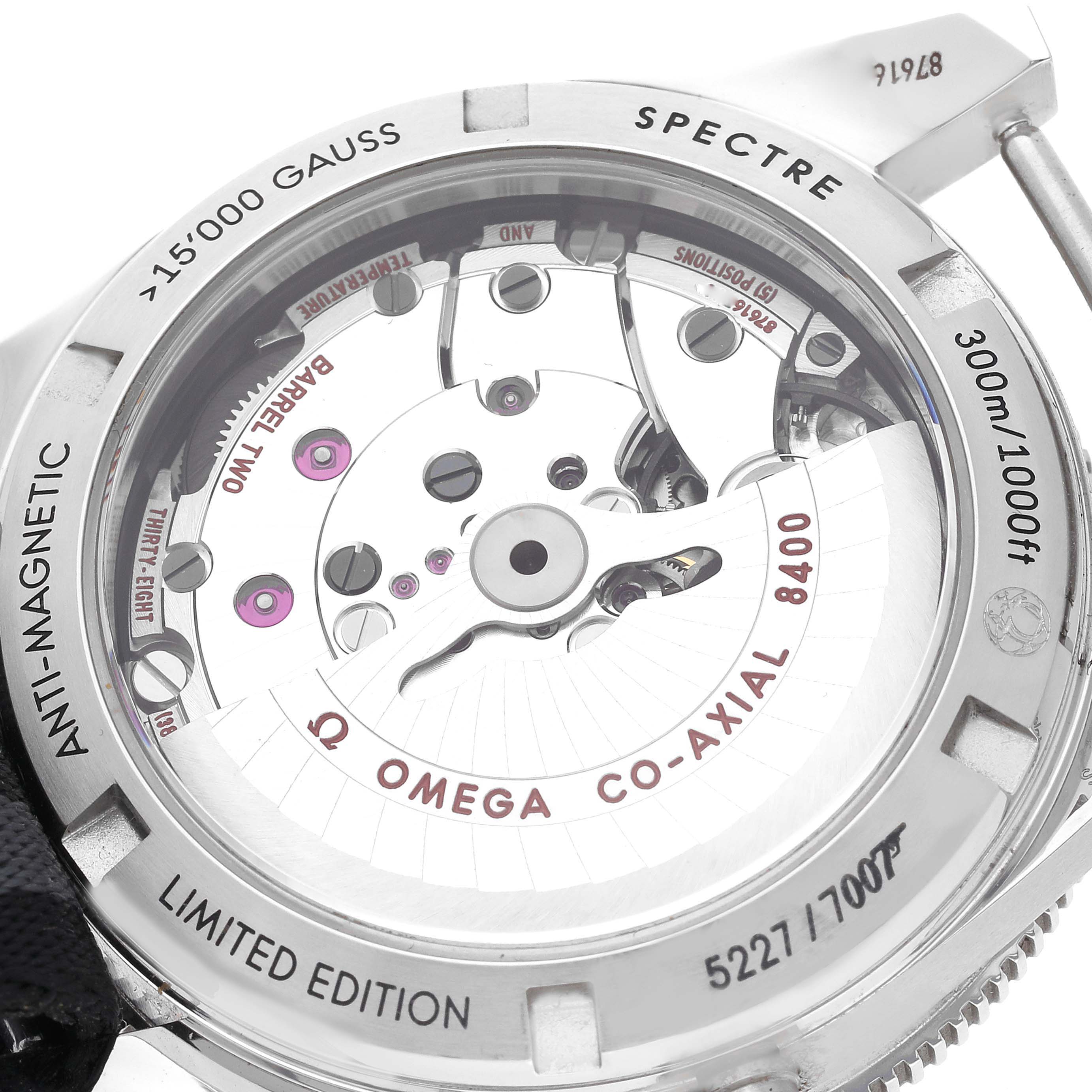 This image shows the back view of the Omega Seamaster 233.32.41.21.01.001 Men's Stainless Steel Black Dial 233.32.41.21.01.001 Men's Stainless Steel Black Dial, highlighting its co-axial 8400 movement and limited edition markings.