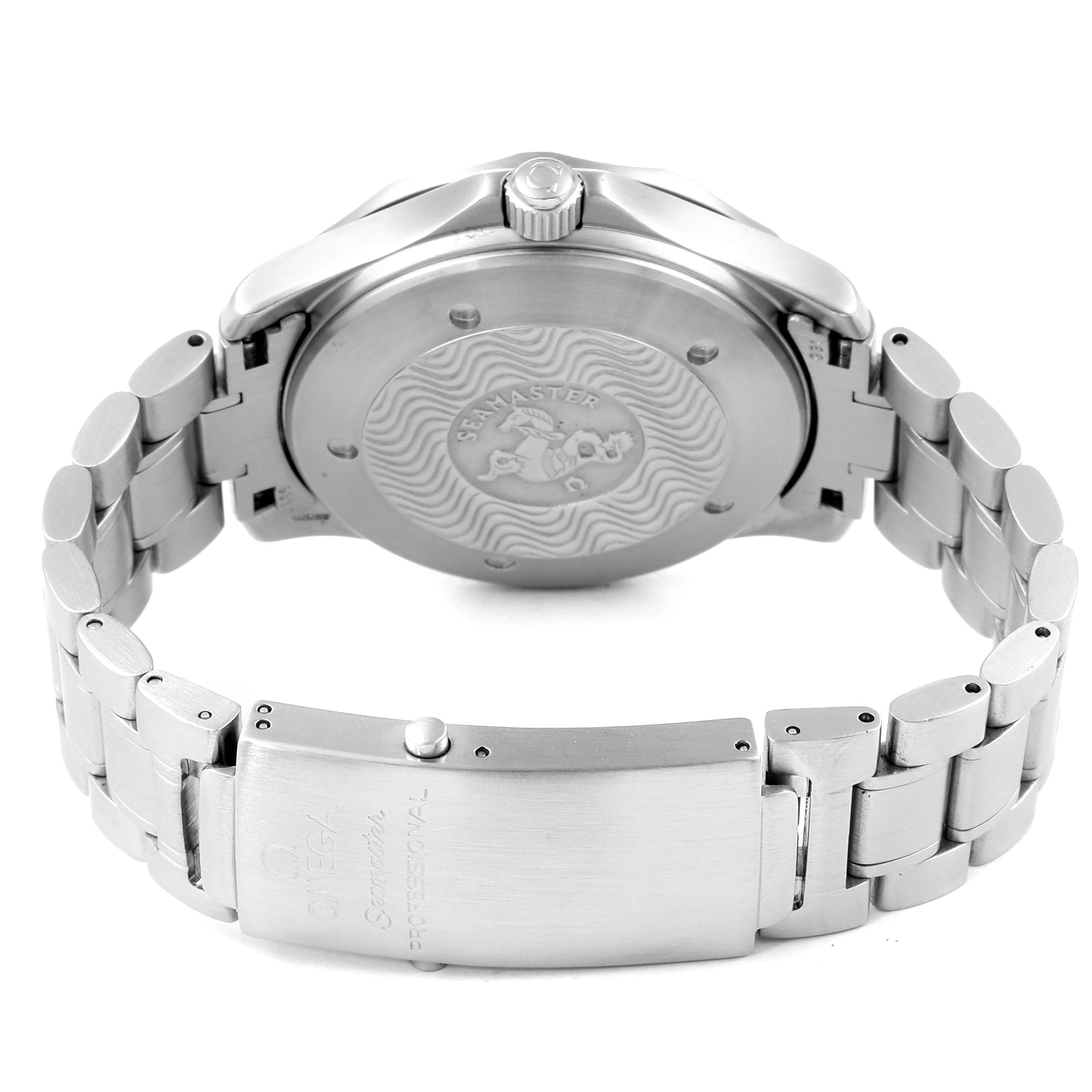 The image shows the back of an Omega Seamaster 2538.20.00 Men's Stainless Steel White Dial 2538.20.00 Men's Stainless Steel White Dial watch, featuring its case back, crown, and bracelet with clasp.