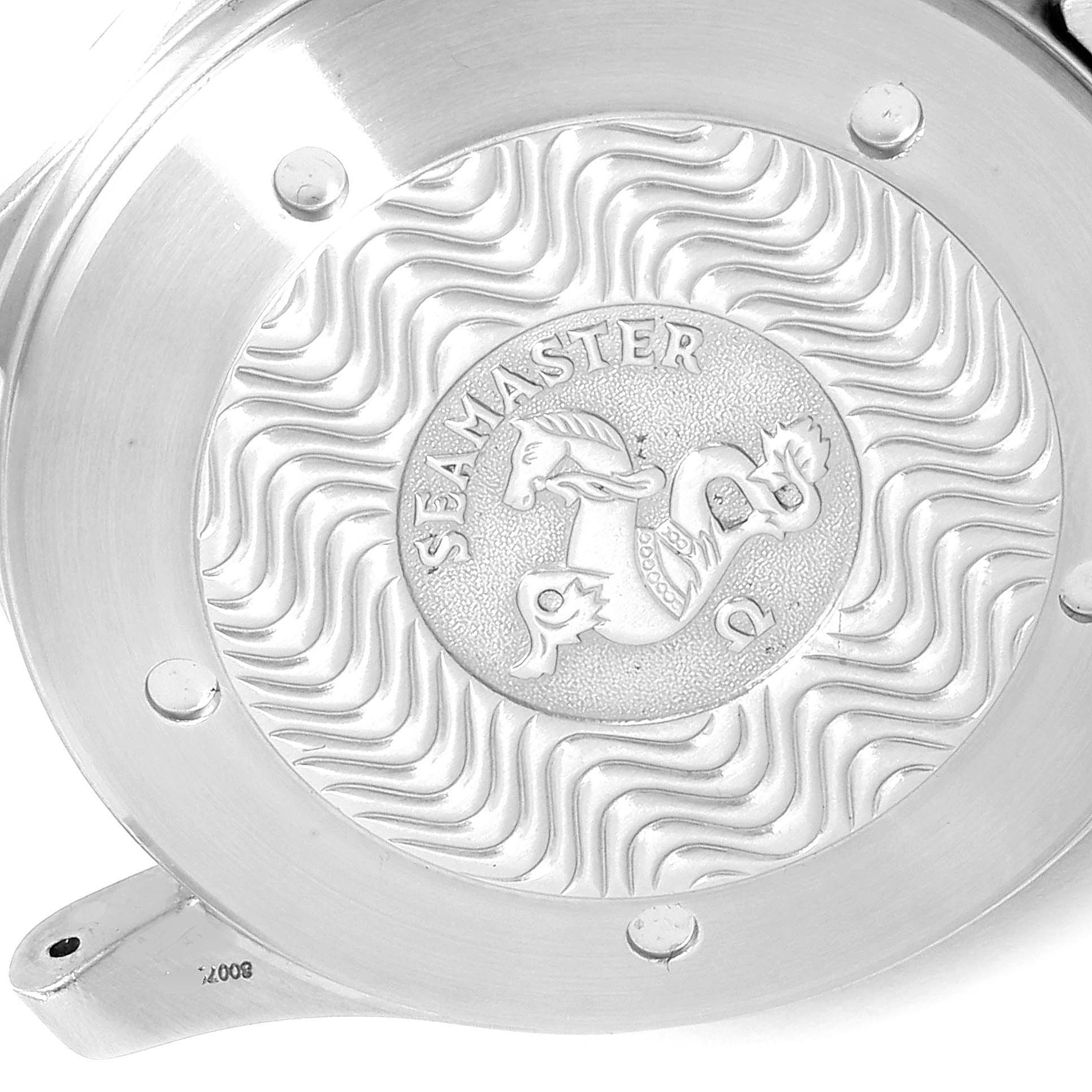 This image shows the engraved case back of an Omega Seamaster 2538.20.00 Men's Stainless Steel White Dial 2538.20.00 Men's Stainless Steel White Dial watch, featuring the Seamaster logo with the seahorse emblem.