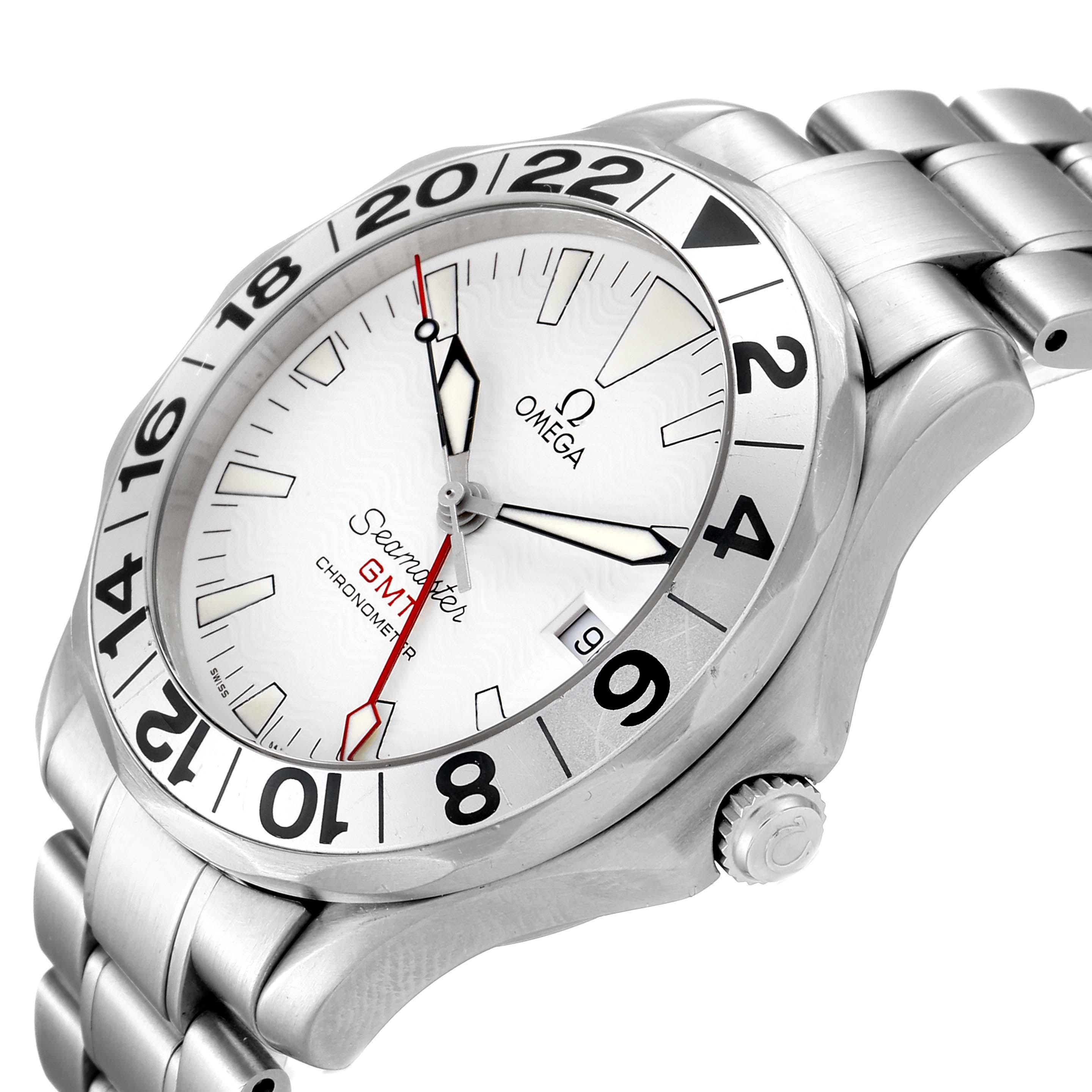 This image shows an angled view of the Omega Seamaster 2538.20.00 Men's Stainless Steel White Dial 2538.20.00 Men's Stainless Steel White Dial GMT watch displaying the face, bezel, and part of the stainless steel bracelet.