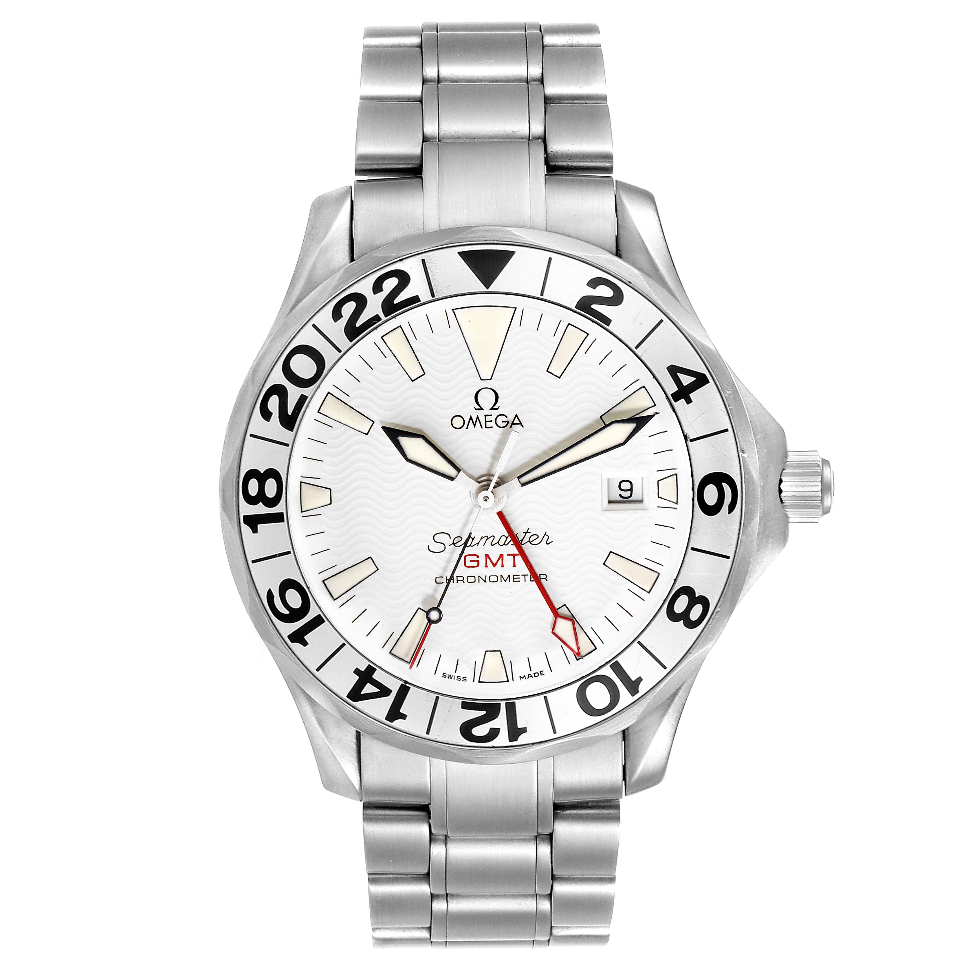 The image shows a front view of an Omega Seamaster 2538.20.00 Men's Stainless Steel White Dial 2538.20.00 Men's Stainless Steel White Dial GMT Chronometer watch with a stainless steel bracelet and bezel.