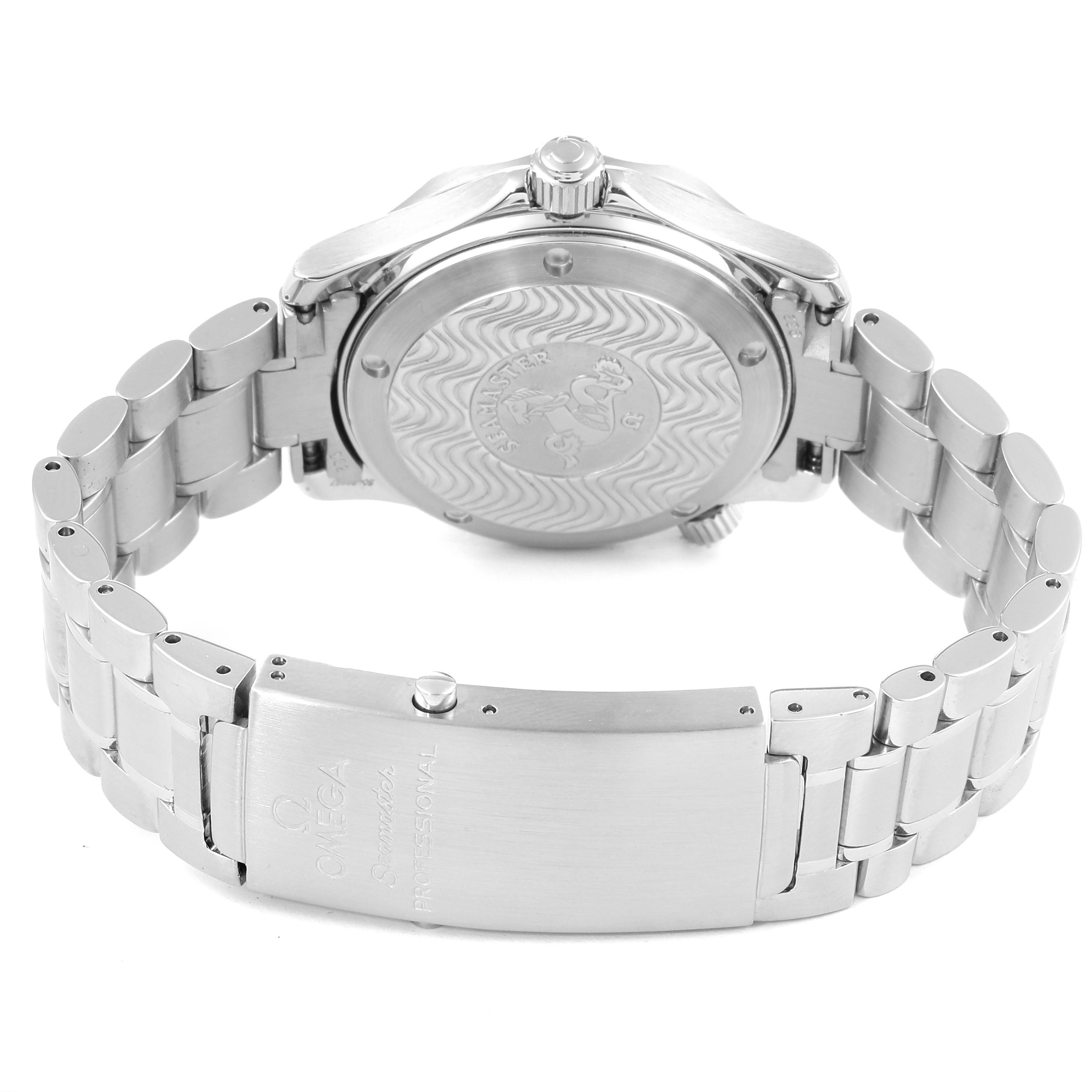 The image shows the back view of an Omega Seamaster 2236.50.00 Men
s Stainless Steel Black Dial 2236.50.00 Men
s Stainless Steel Black Dial watch, highlighting its case back and metal bracelet with a deployment clasp.