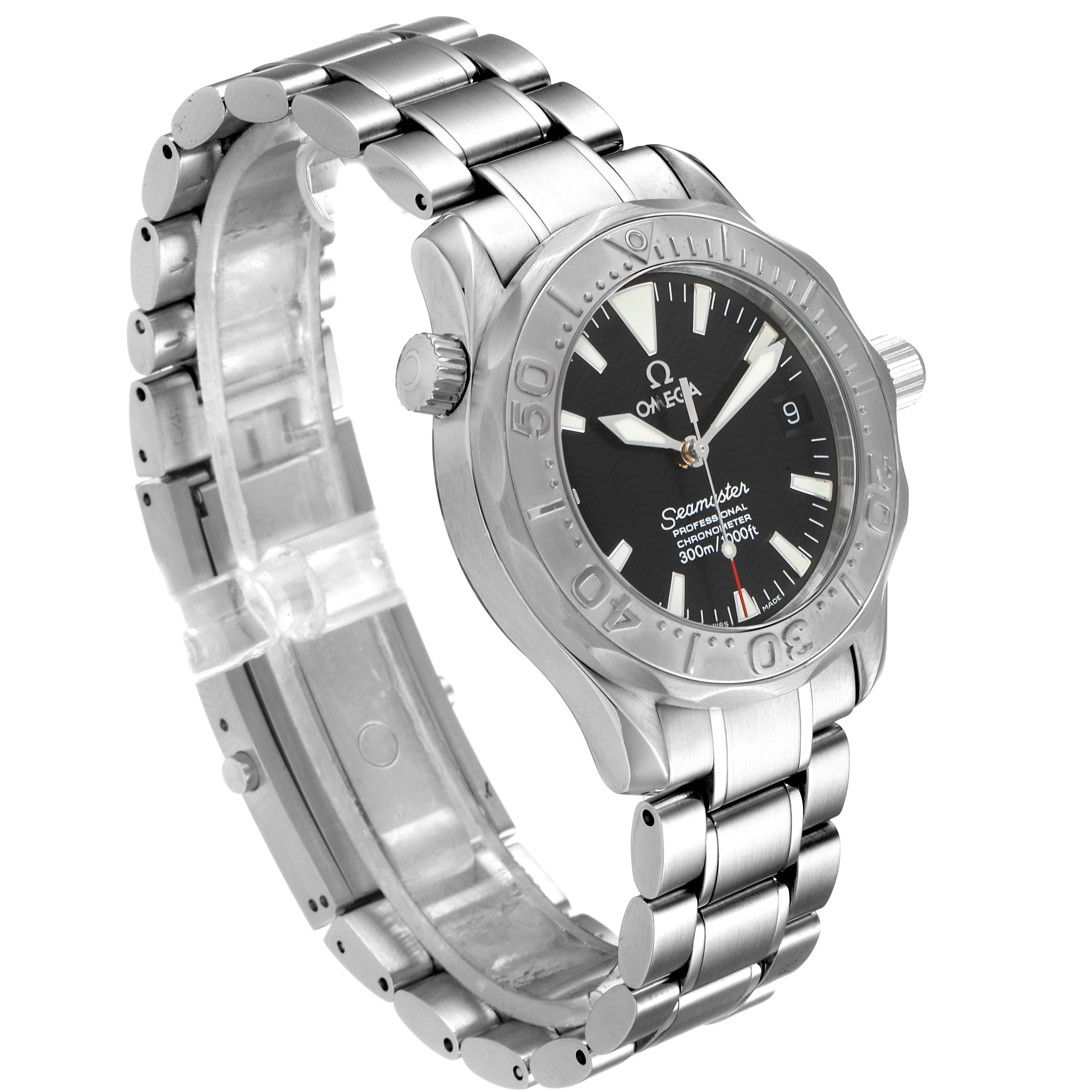 The Omega Seamaster 2236.50.00 Men
s Stainless Steel Black Dial 2236.50.00 Men
s Stainless Steel Black Dial watch is shown at a 3/4 angle, highlighting the face, bezel, bracelet, and clasp.
