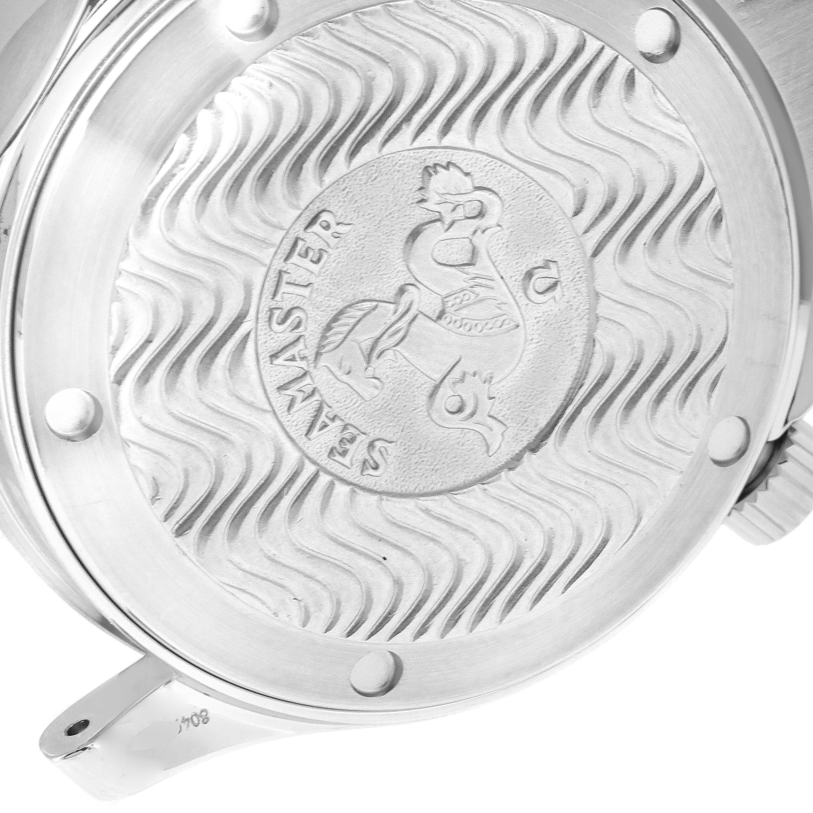 The image shows the engraved case back of an Omega Seamaster 2236.50.00 Men
s Stainless Steel Black Dial 2236.50.00 Men
s Stainless Steel Black Dial watch at an angle.