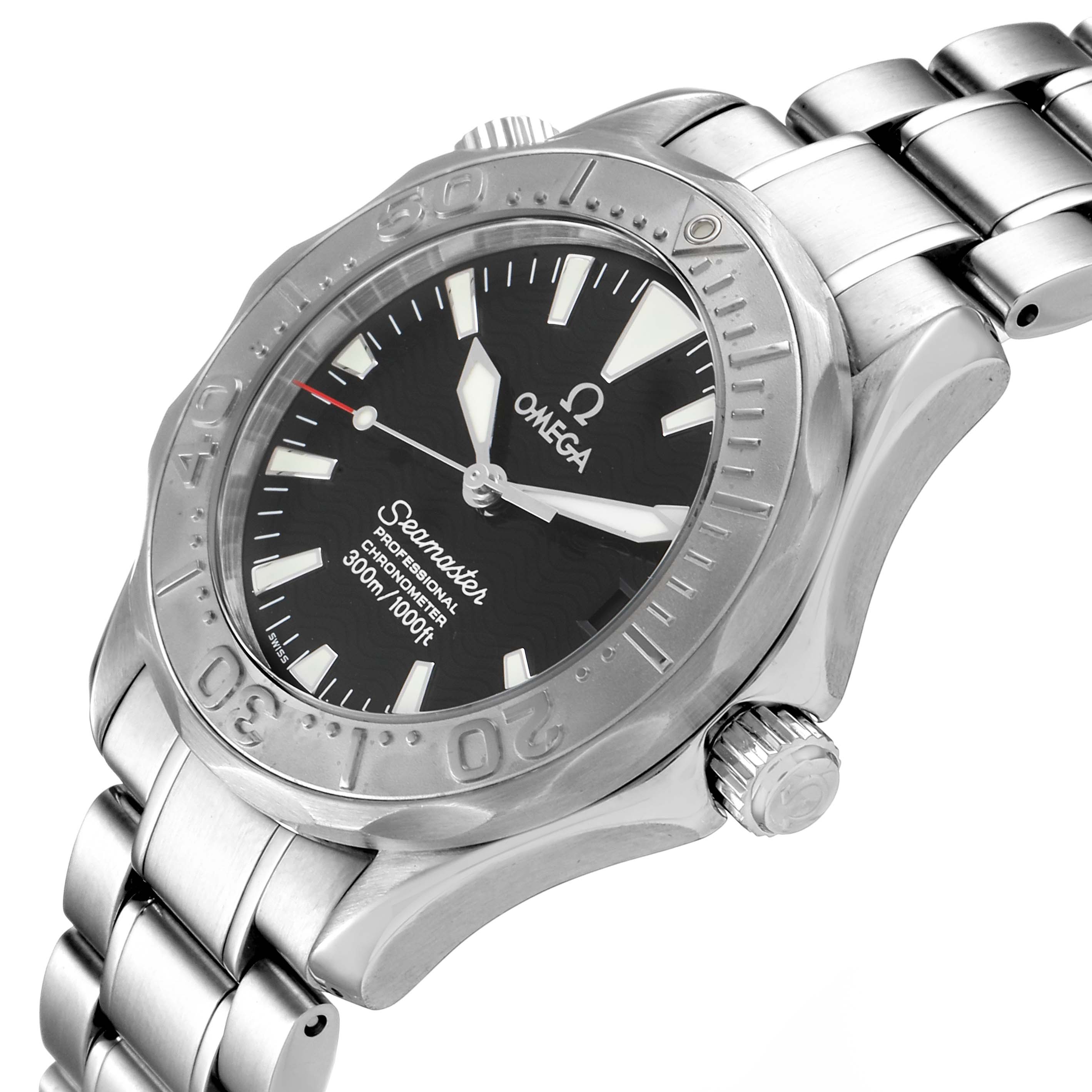 The image shows an angled view of the Omega Seamaster 2236.50.00 Men
s Stainless Steel Black Dial 2236.50.00 Men
s Stainless Steel Black Dial watch, displaying its face, bezel, crown, and part of the metal bracelet.