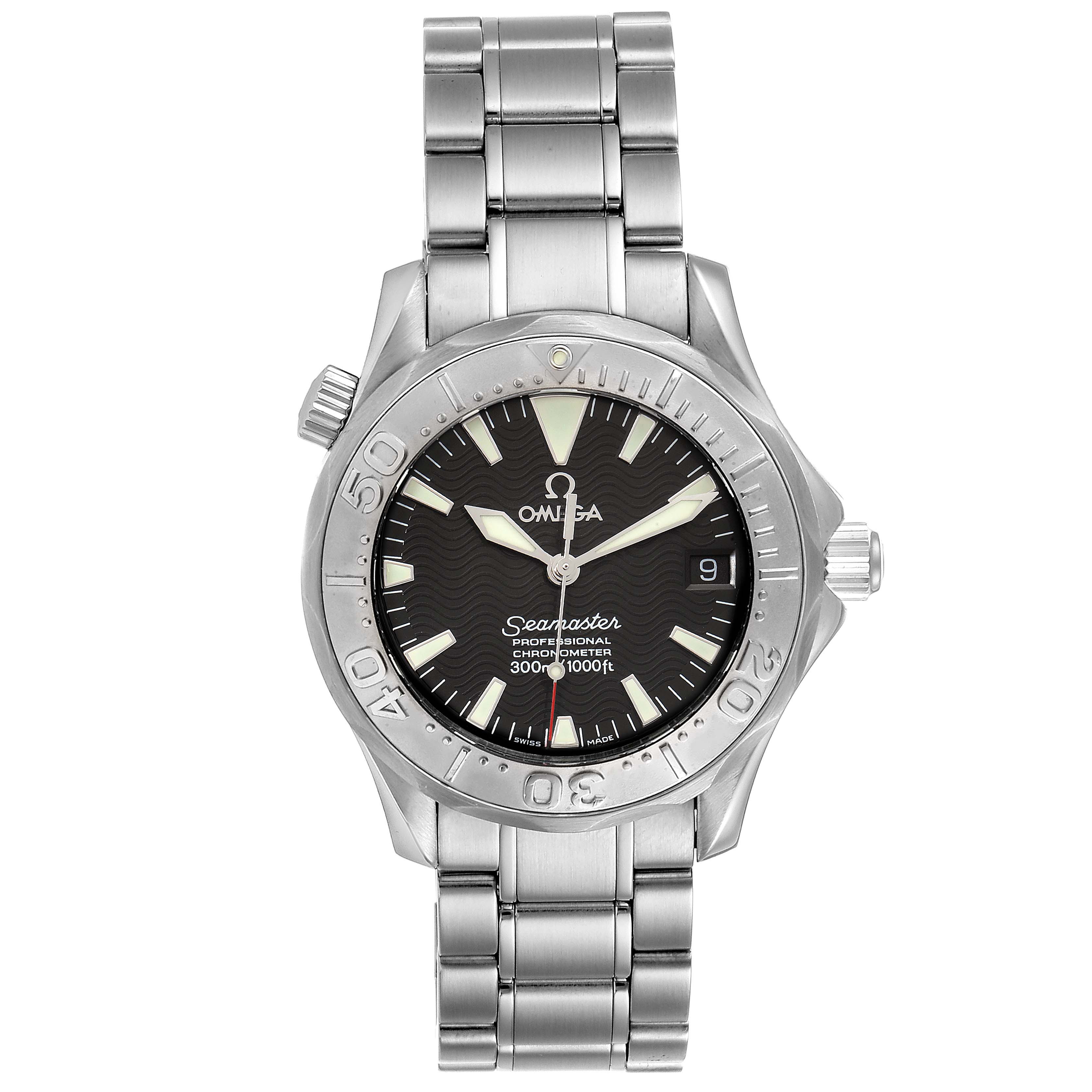 This image shows a front view of the Omega Seamaster 2236.50.00 Men
s Stainless Steel Black Dial 2236.50.00 Men
s Stainless Steel Black Dial watch, displaying its face, bezel, and metal bracelet.