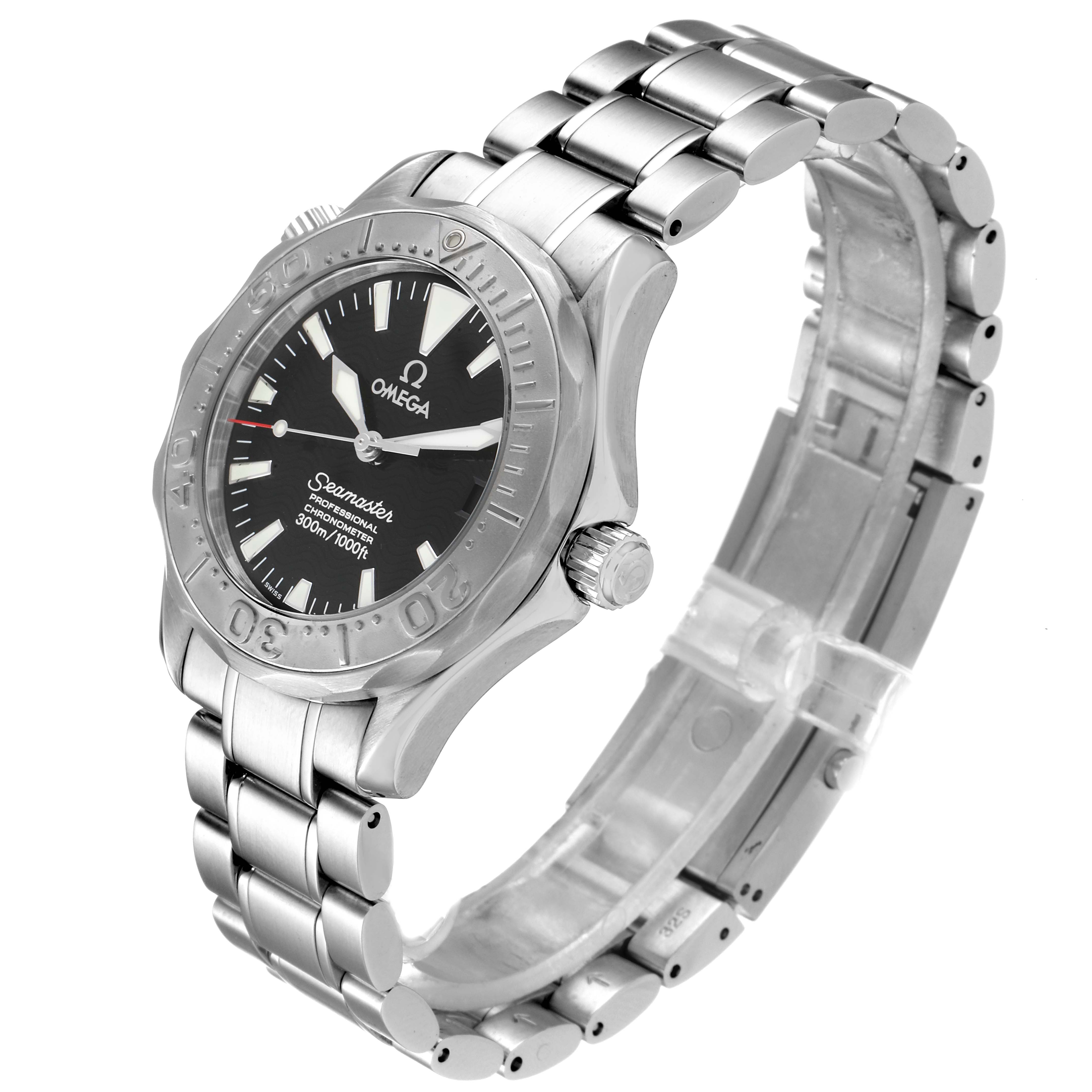 The image shows an Omega Seamaster 2236.50.00 Men
s Stainless Steel Black Dial 2236.50.00 Men
s Stainless Steel Black Dial watch from a three-quarter angle, highlighting the face, bezel, crown, and bracelet.