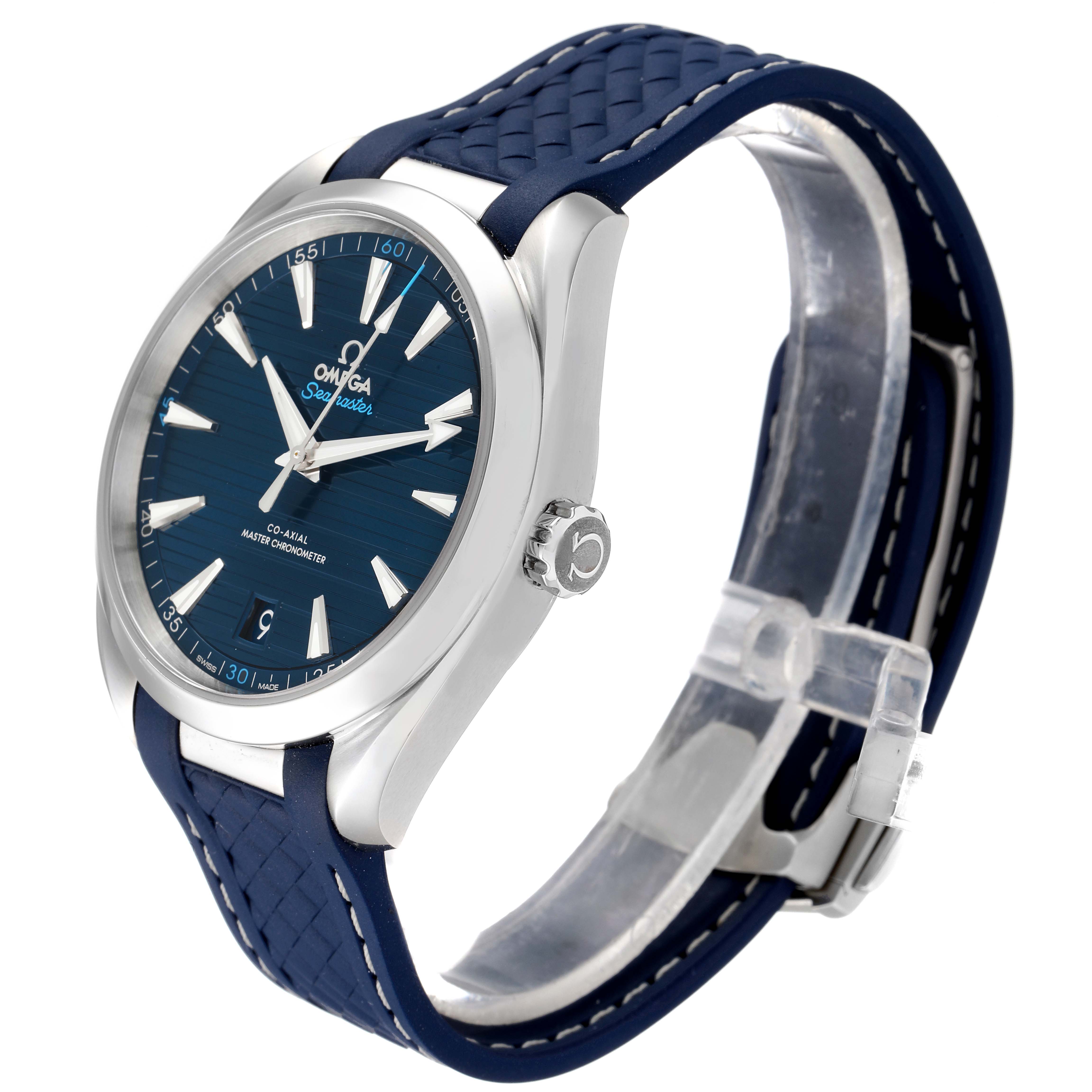 The Omega Aqua Terra 220.12.41.21.03.001  Men
s Stainless Steel Blue Dial 220.12.41.21.03.001  Men
s Stainless Steel Blue Dial watch is shown at a 3/4 angle, highlighting its blue dial, hour markers, and blue textured strap with a stainless steel case.