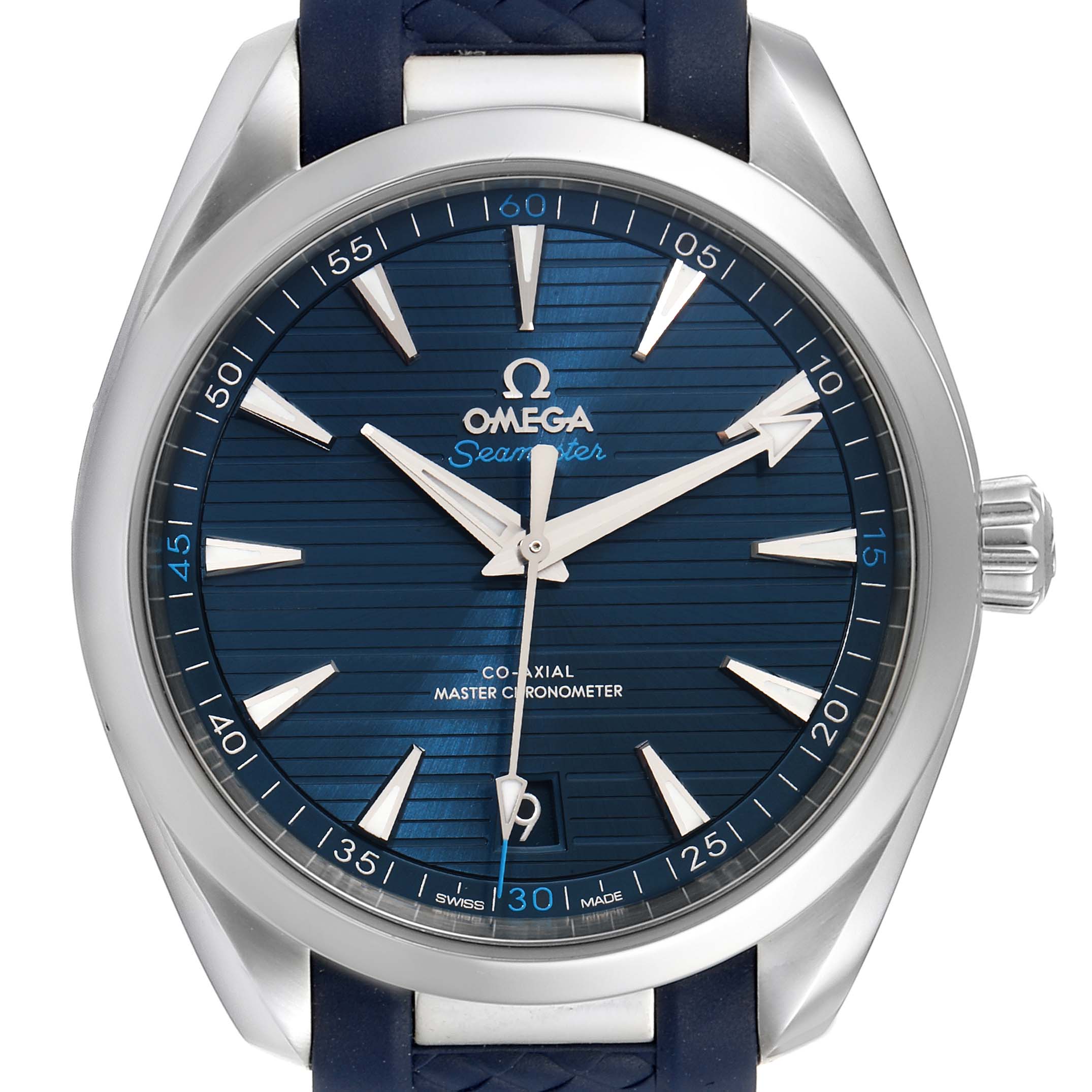 The image shows a frontal view of the Omega Aqua Terra 220.12.41.21.03.001  Men
s Stainless Steel Blue Dial 220.12.41.21.03.001  Men
s Stainless Steel Blue Dial watch, highlighting its blue dial, stainless steel bezel, and blue strap.
