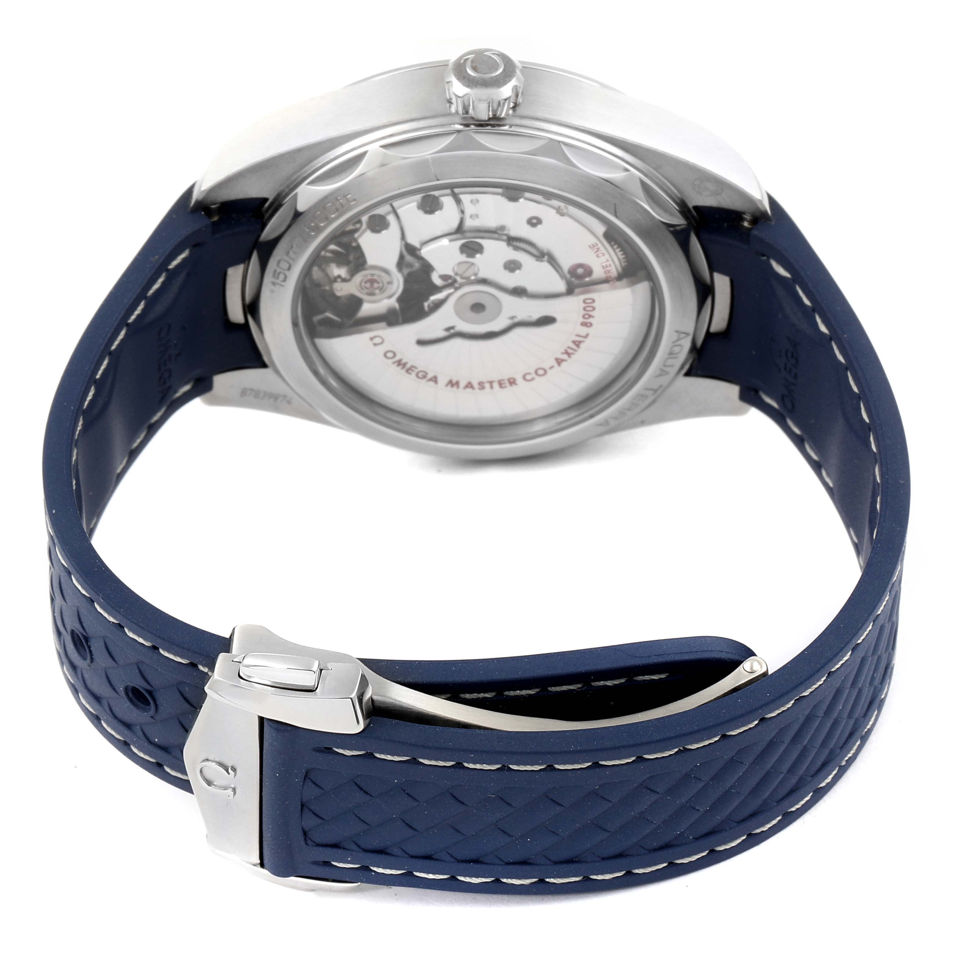The image shows the back view of an Omega Aqua Terra 220.12.41.21.03.001  Men
s Stainless Steel Blue Dial 220.12.41.21.03.001  Men
s Stainless Steel Blue Dial watch with a blue strap and visible internal mechanism.