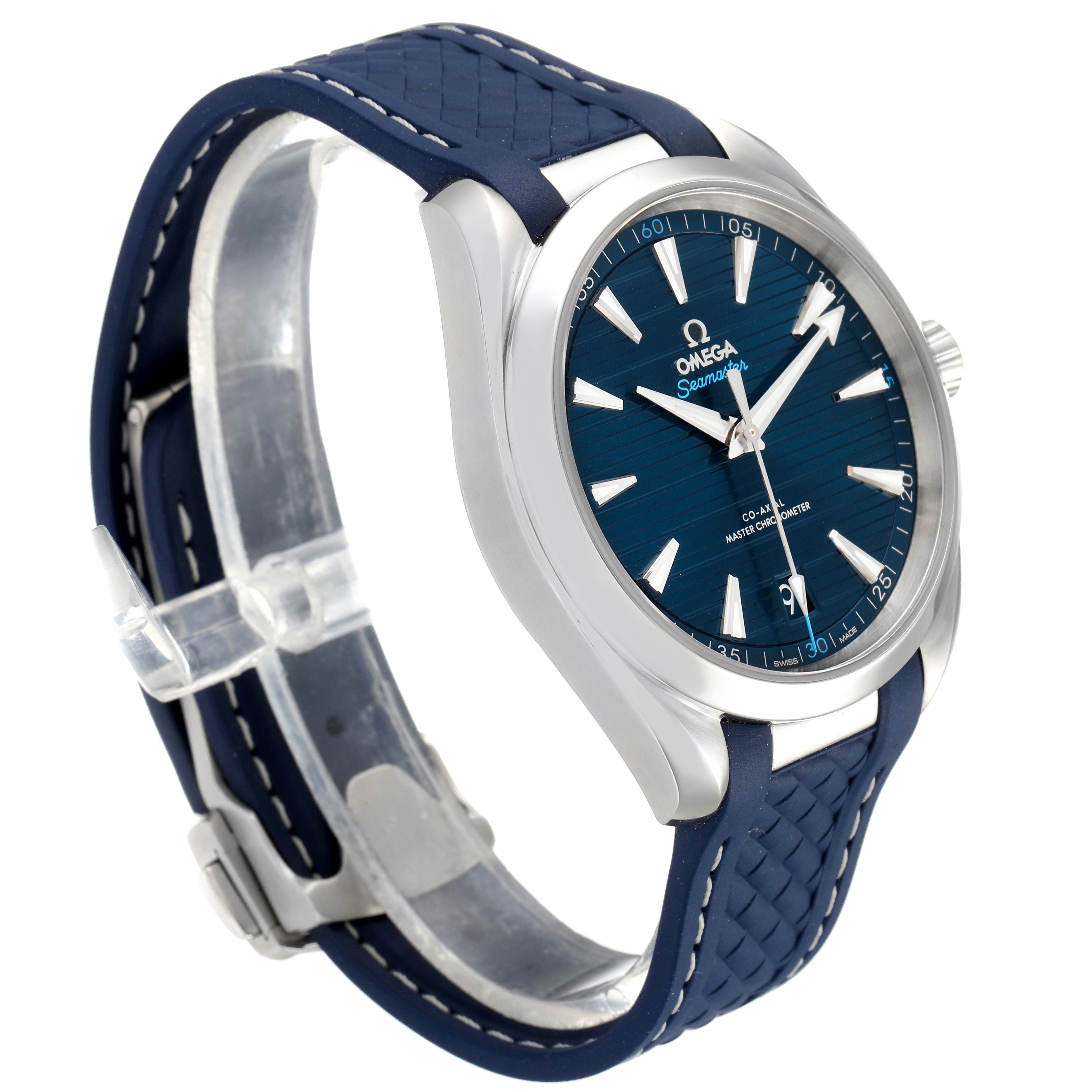 The Omega Aqua Terra 220.12.41.21.03.001  Men
s Stainless Steel Blue Dial 220.12.41.21.03.001  Men
s Stainless Steel Blue Dial watch is shown at an angle highlighting its face, bezel, crown, and blue strap.
