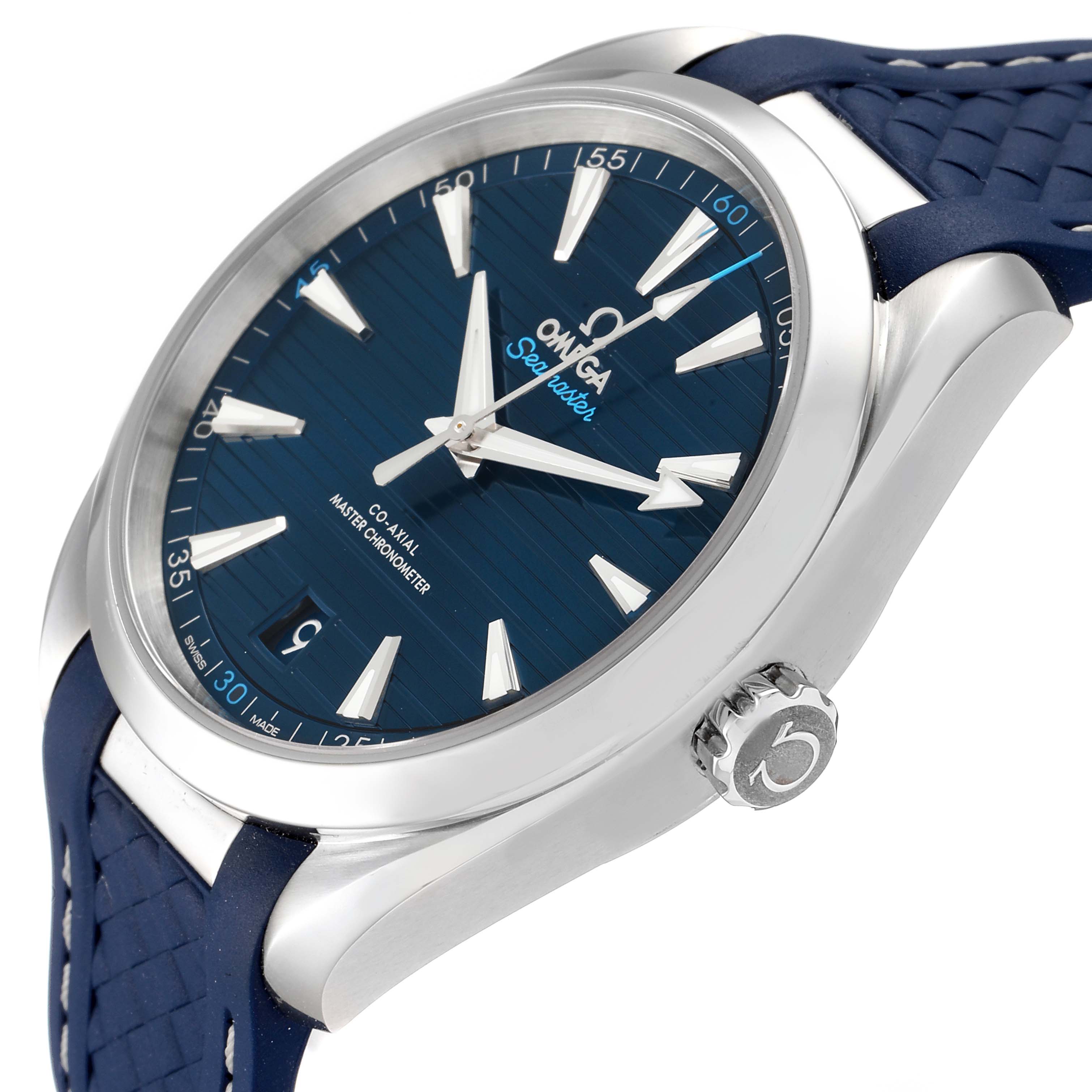The Omega Aqua Terra 220.12.41.21.03.001  Men
s Stainless Steel Blue Dial 220.12.41.21.03.001  Men
s Stainless Steel Blue Dial watch is shown at a slight angle from the right side, featuring a blue dial, crown, and blue strap with visible markings.