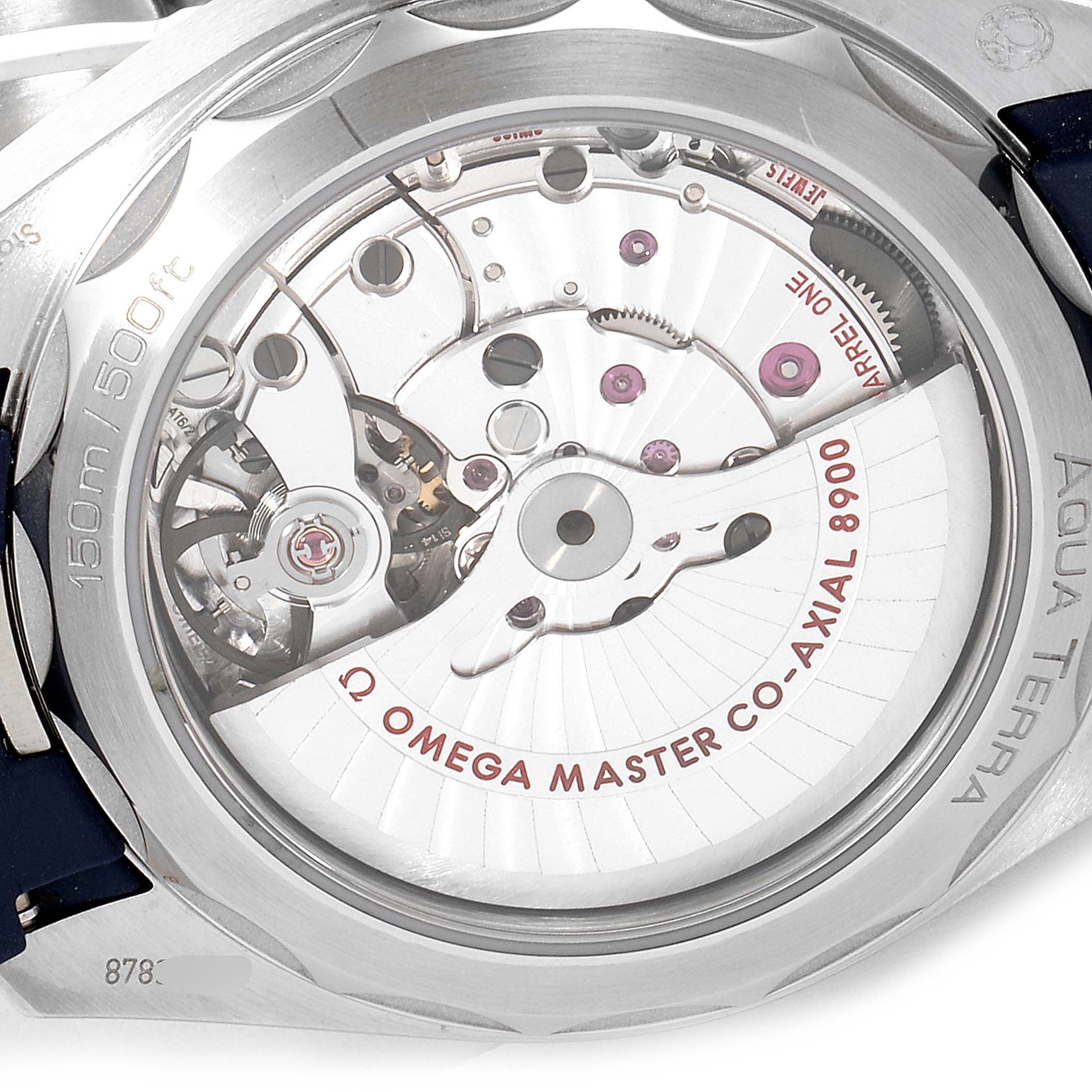 The image shows the back view of the Omega Aqua Terra 220.12.41.21.03.001  Men
s Stainless Steel Blue Dial 220.12.41.21.03.001  Men
s Stainless Steel Blue Dial watch, highlighting its Omega Master Co-Axial 8900 movement.