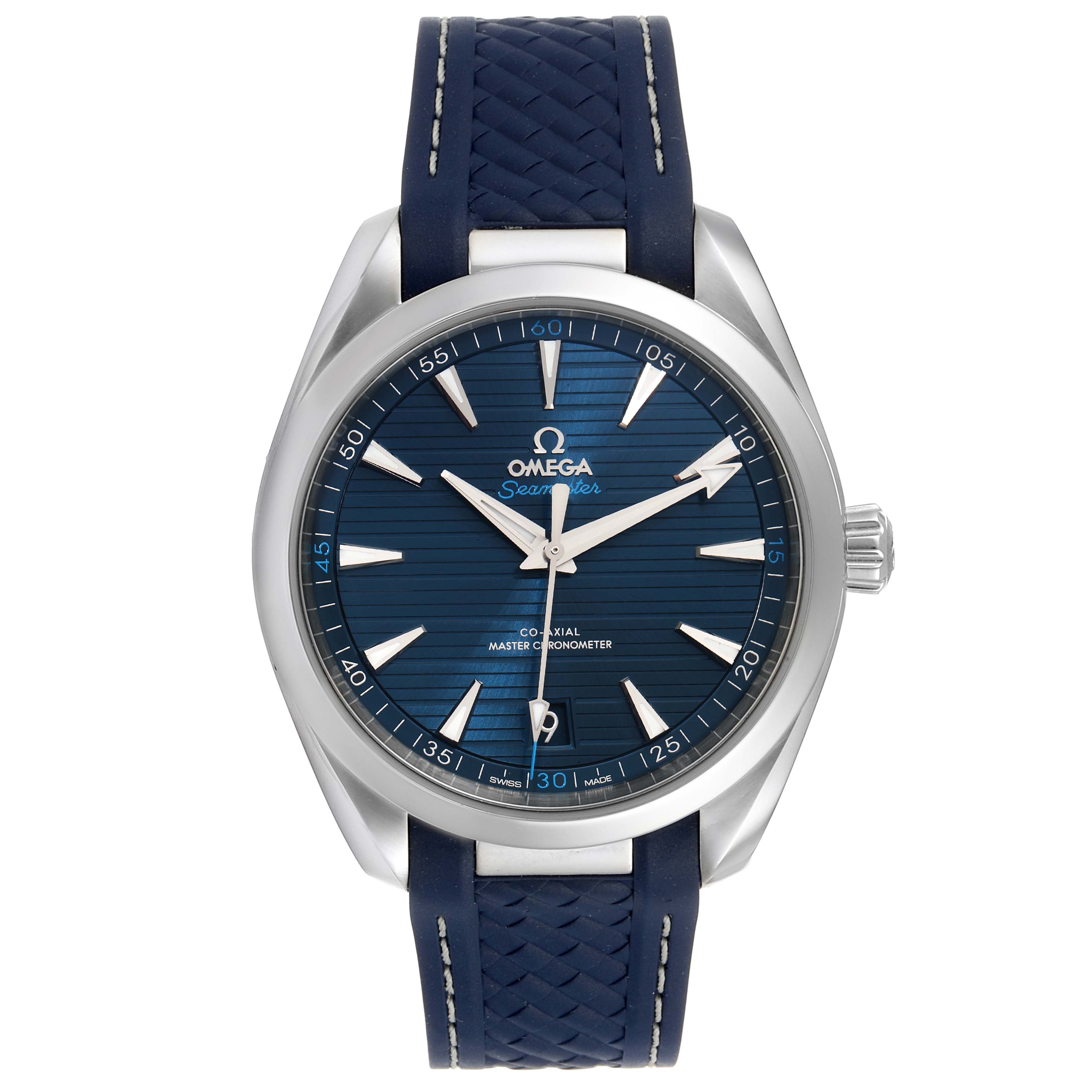 This image shows a front view of the Omega Aqua Terra 220.12.41.21.03.001  Men
s Stainless Steel Blue Dial 220.12.41.21.03.001  Men
s Stainless Steel Blue Dial watch, displaying its blue dial, silver hands, markers, and a blue strap.