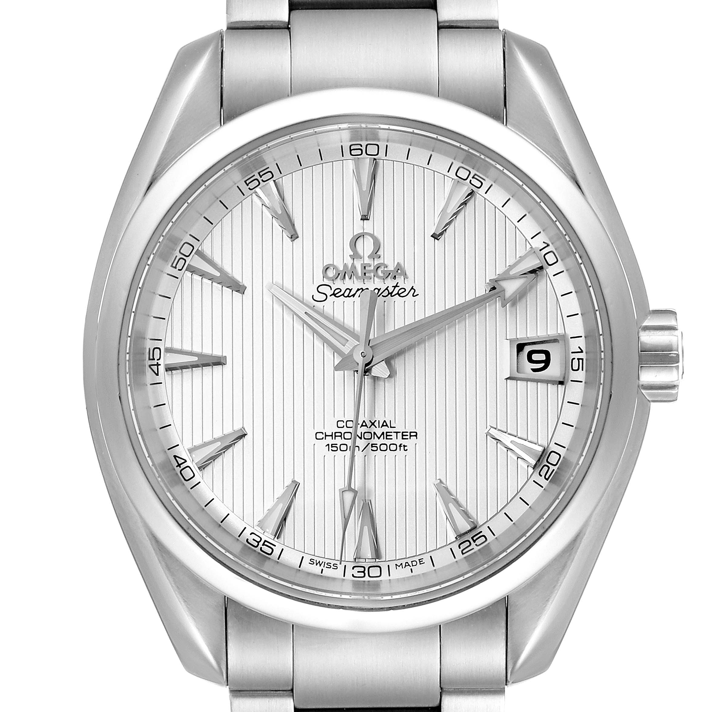 The image shows a front view of the Omega Aqua Terra 231.10.39.21.02.001 Men
s Stainless Steel Silver Dial 231.10.39.21.02.001 Men
s Stainless Steel Silver Dial watch, highlighting the dial, hands, markers, and date window.