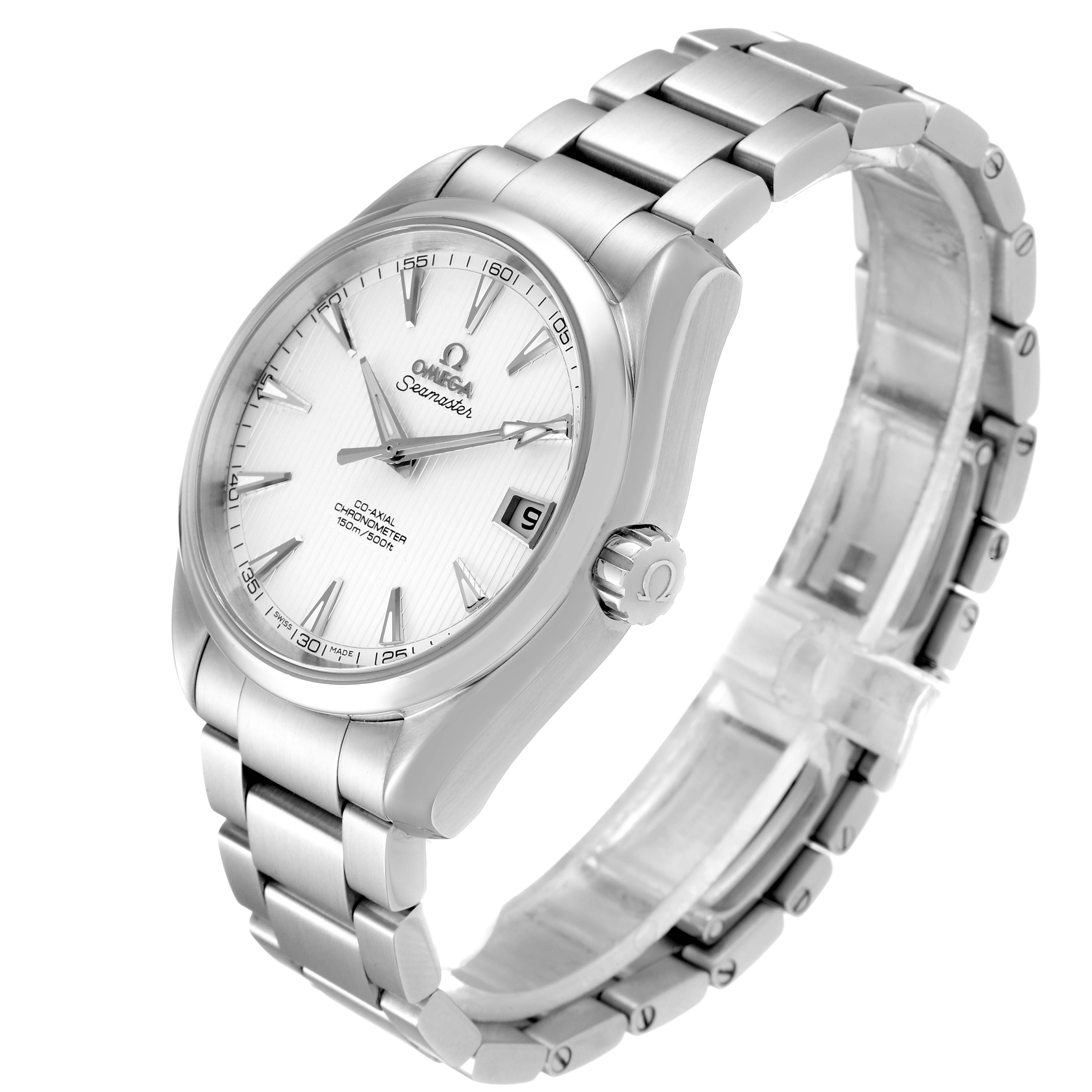 The Omega Aqua Terra 231.10.39.21.02.001 Men
s Stainless Steel Silver Dial 231.10.39.21.02.001 Men
s Stainless Steel Silver Dial watch is shown at an angled view, highlighting its dial, bezel, crown, and bracelet.