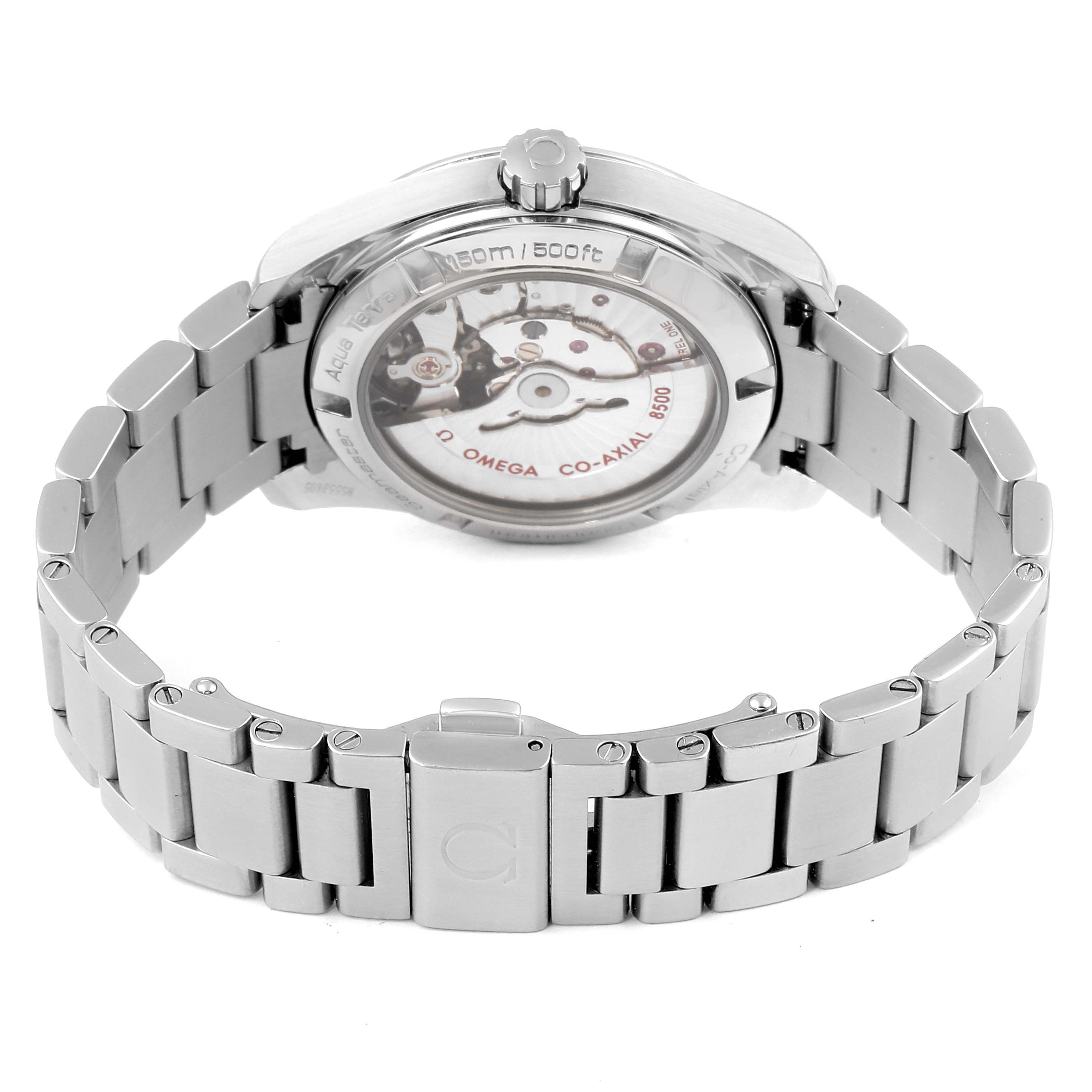 The image shows the back of an Omega Aqua Terra 231.10.39.21.02.001 Men
s Stainless Steel Silver Dial 231.10.39.21.02.001 Men
s Stainless Steel Silver Dial watch, highlighting the transparent case back and stainless steel bracelet.