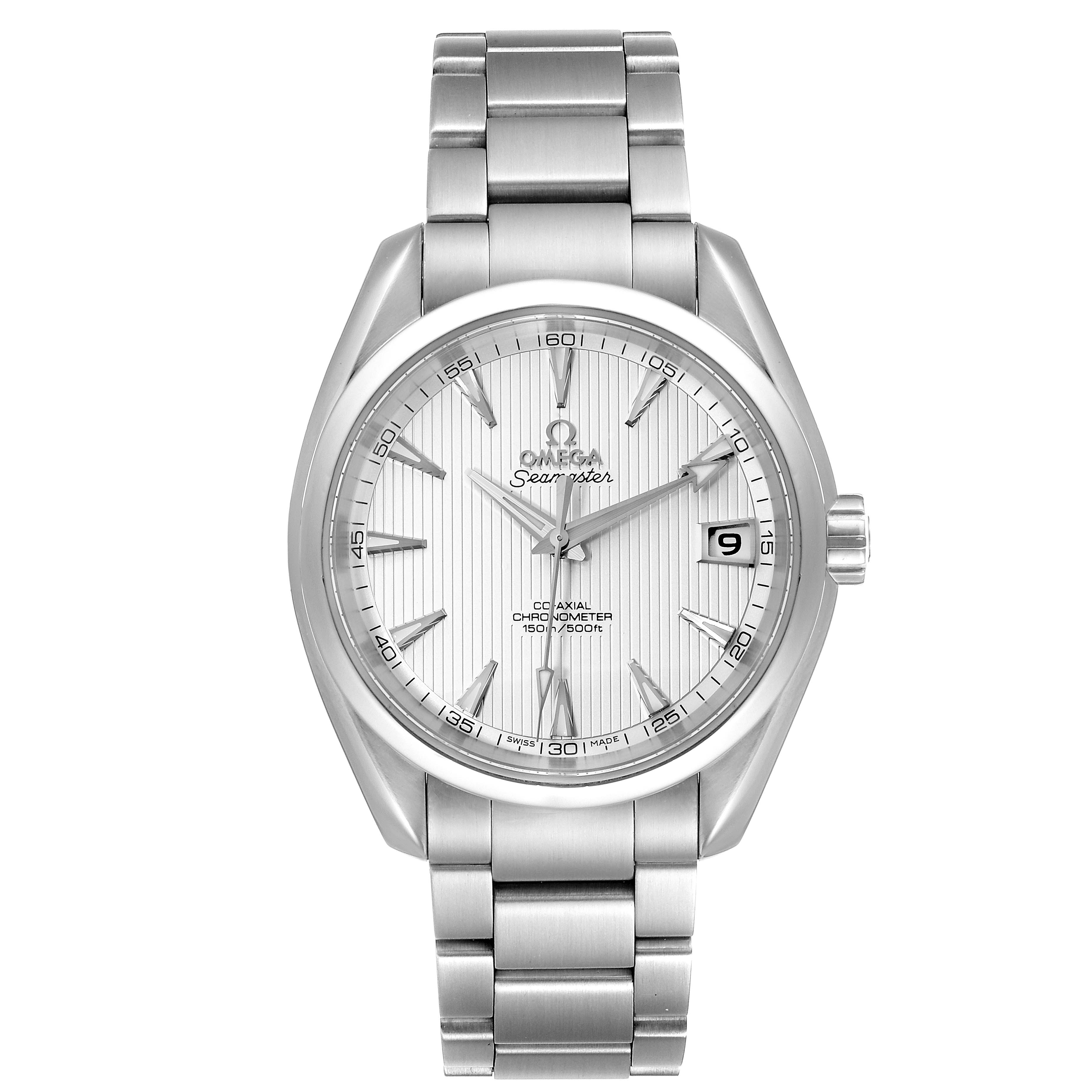 The image shows a front view of the Omega Aqua Terra 231.10.39.21.02.001 Men
s Stainless Steel Silver Dial 231.10.39.21.02.001 Men
s Stainless Steel Silver Dial watch, highlighting the dial, hands, date window, and metal bracelet.