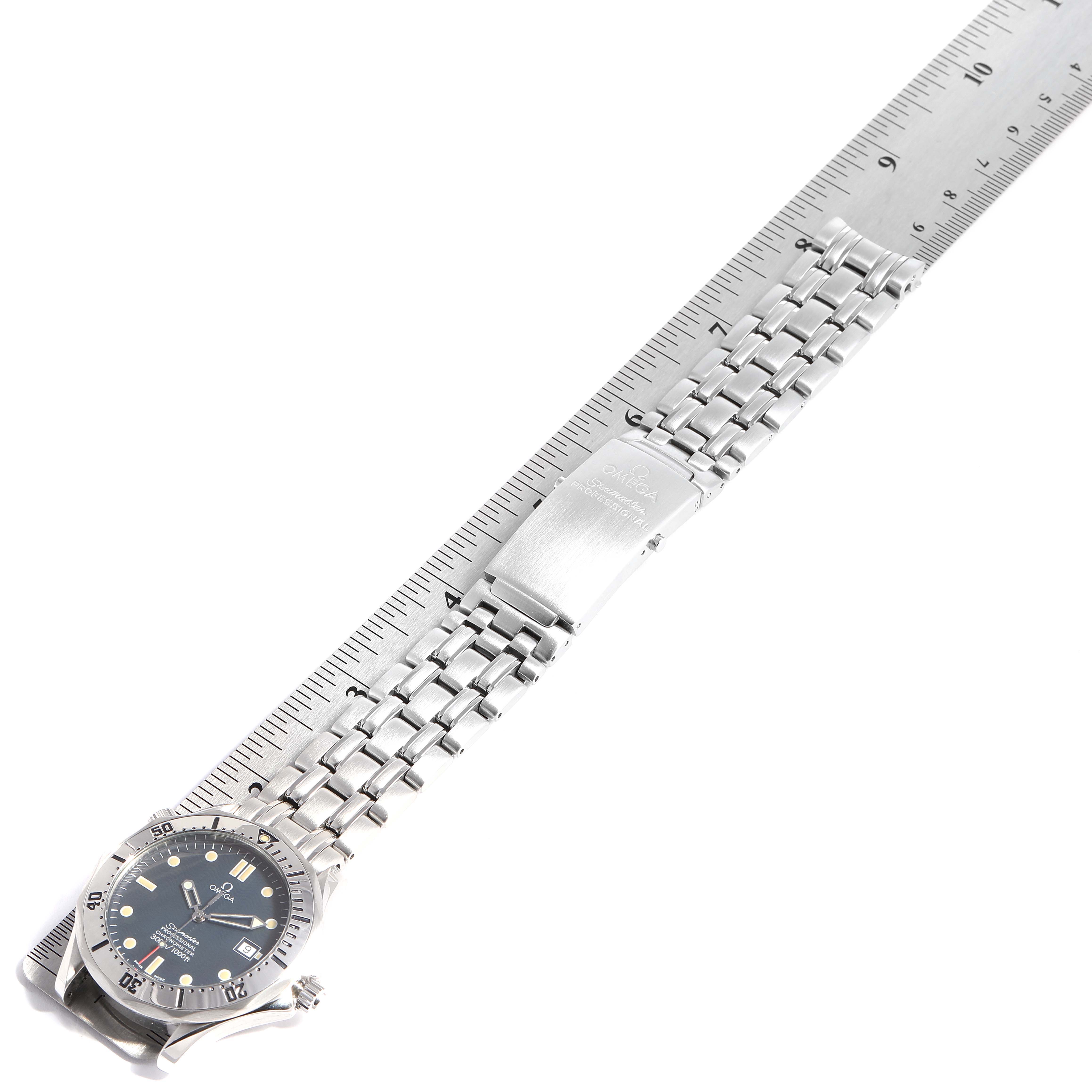 The Omega Seamaster 2532.80.00 Men
s Stainless Steel Blue Dial 2532.80.00 Men
s Stainless Steel Blue Dial watch is shown from a top-down angle, displaying the face and full metal bracelet.