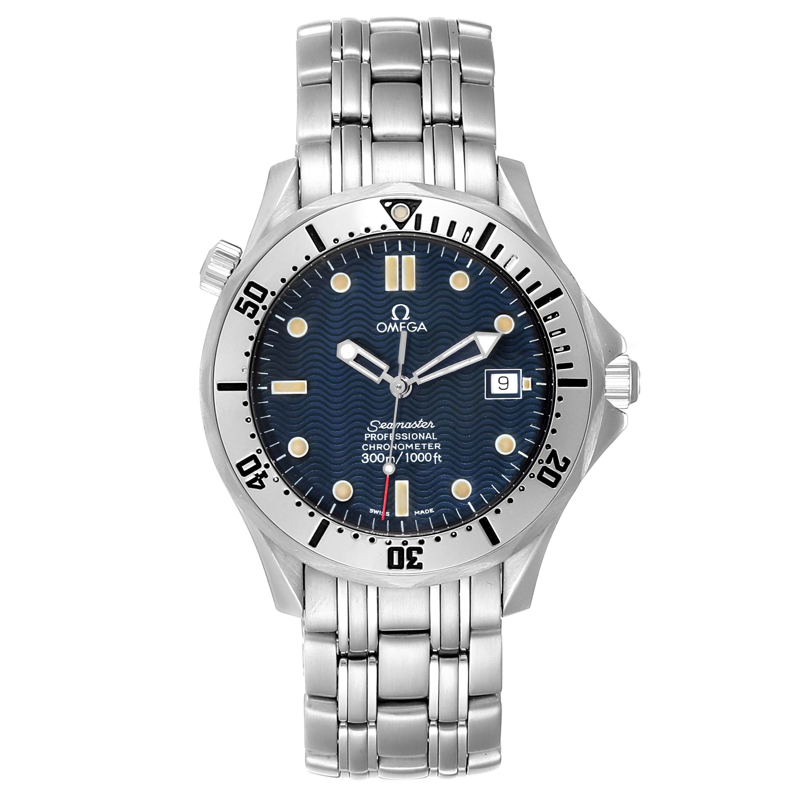 The image shows a front view of an Omega Seamaster 2532.80.00 Men
s Stainless Steel Blue Dial 2532.80.00 Men
s Stainless Steel Blue Dial watch, featuring its bezel, dial, and stainless steel bracelet.