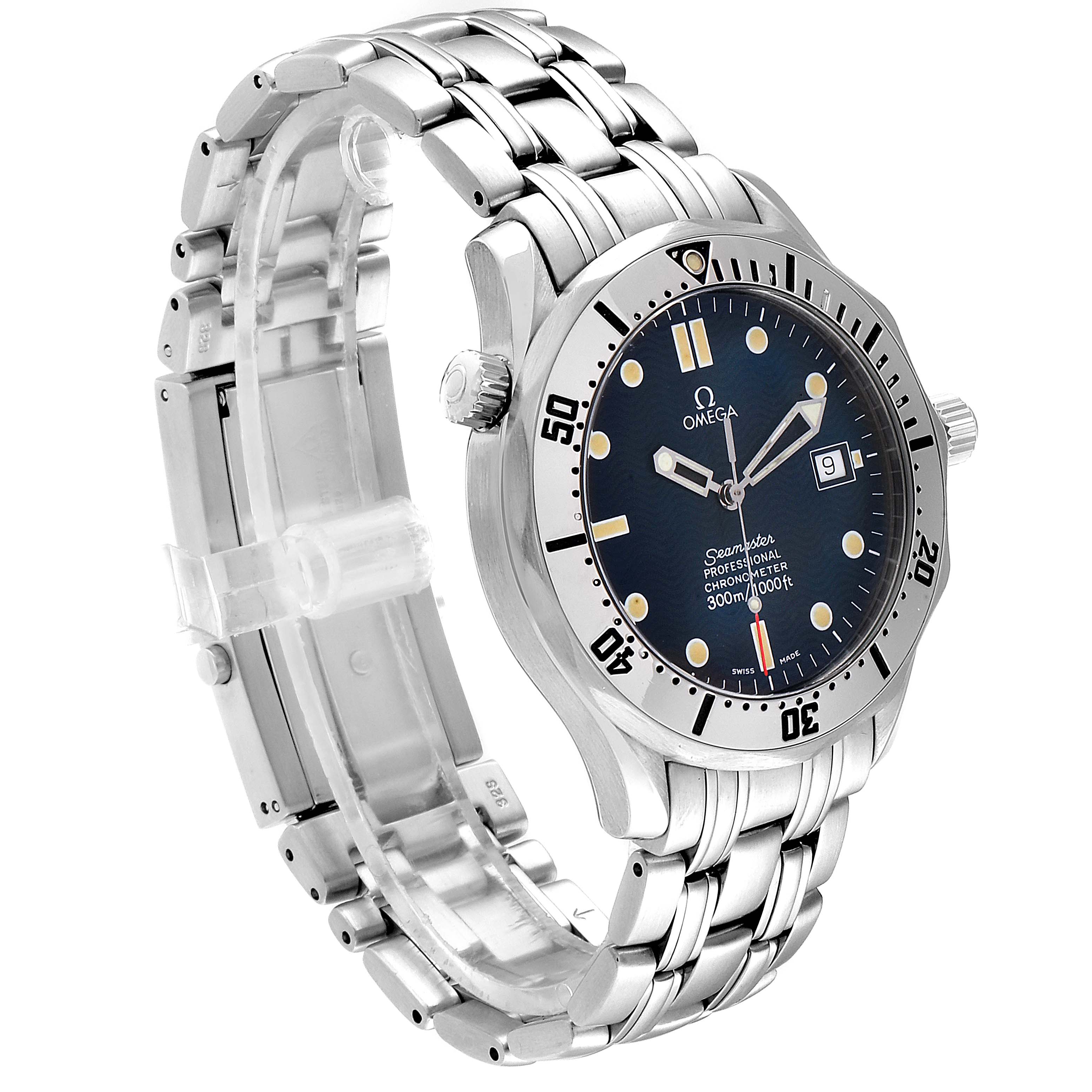 The Omega Seamaster 2532.80.00 Men
s Stainless Steel Blue Dial 2532.80.00 Men
s Stainless Steel Blue Dial watch is shown at an angled side view, highlighting its stainless steel bracelet, bezel, and dial.