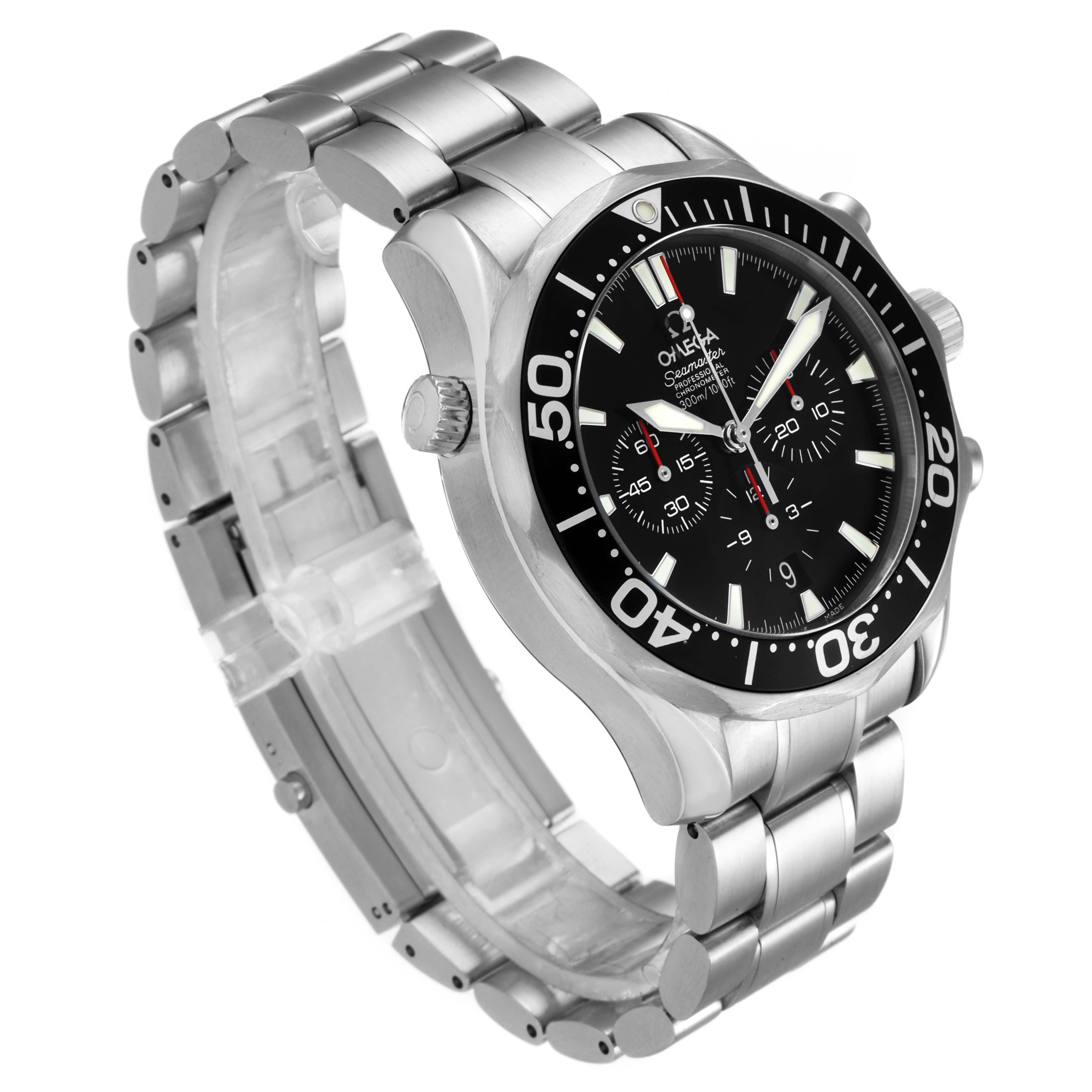 The Omega Seamaster 2594.52.00 Men
s Stainless Steel Black Dial 2594.52.00 Men
s Stainless Steel Black Dial watch is shown at a 3/4 angle, highlighting its bezel, face, and metallic strap.
