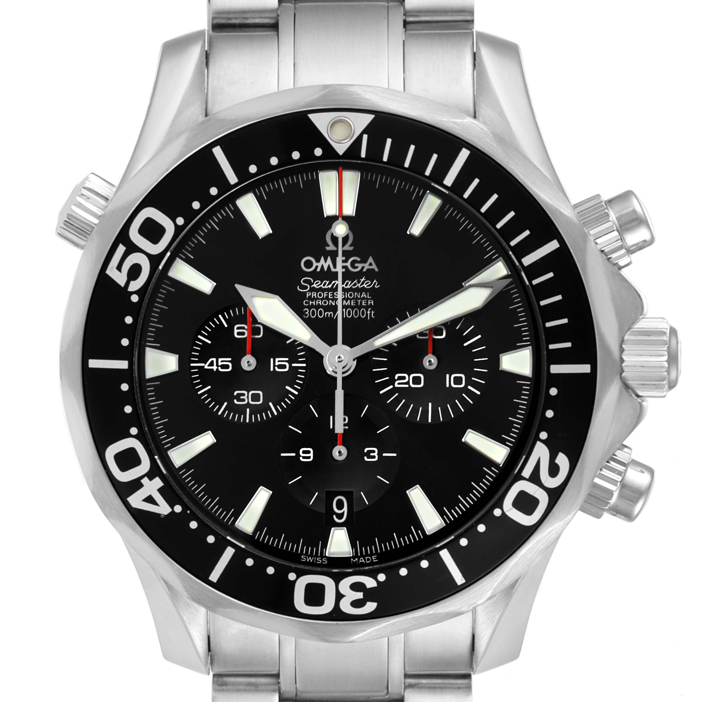 The image shows a frontal view of the Omega Seamaster 2594.52.00 Men
s Stainless Steel Black Dial 2594.52.00 Men
s Stainless Steel Black Dial watch, highlighting the dial, bezel, and part of the bracelet.