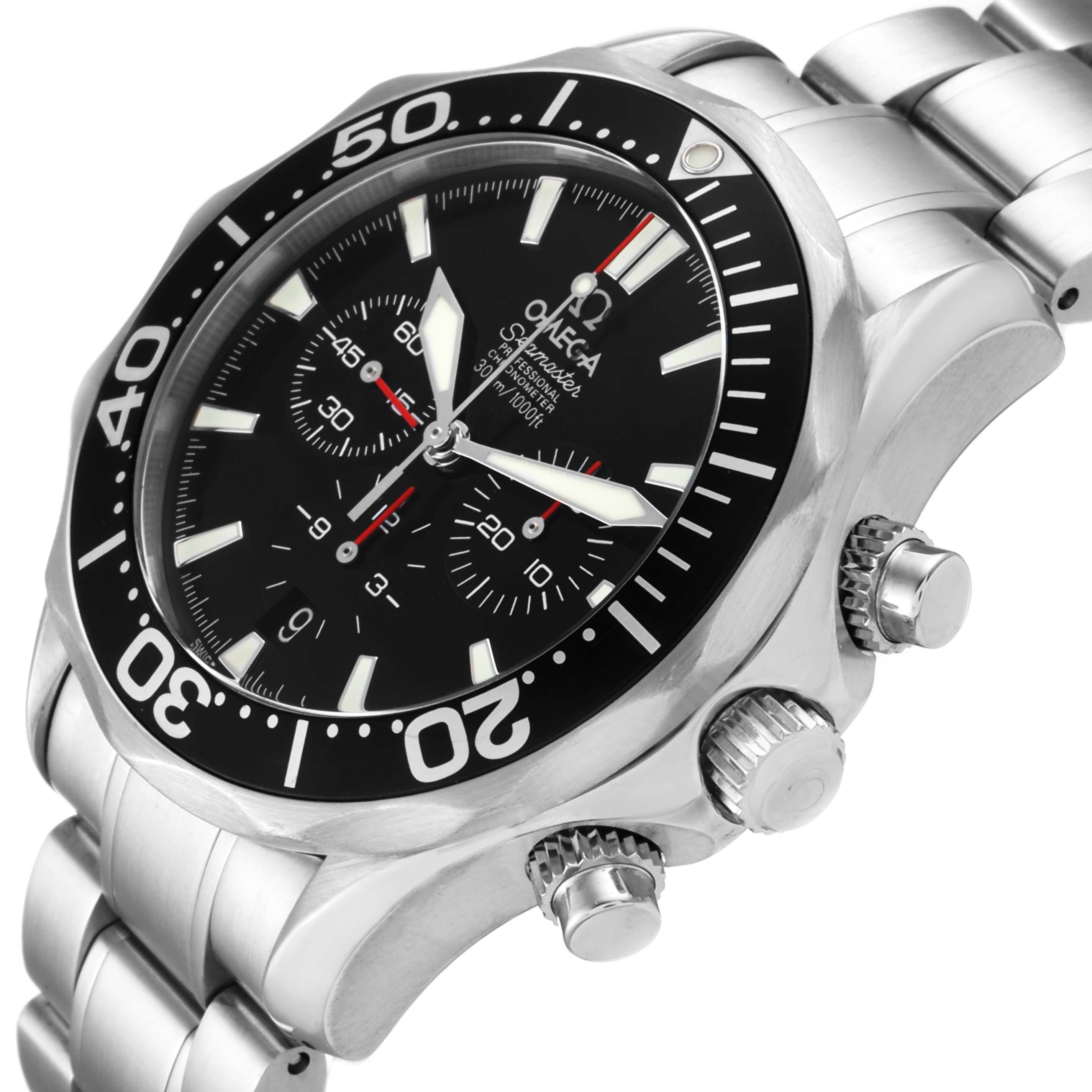 The image shows a close-up angle of an Omega Seamaster 2594.52.00 Men
s Stainless Steel Black Dial 2594.52.00 Men
s Stainless Steel Black Dial watch, focusing on the bezel, dial, crown, and part of the bracelet.