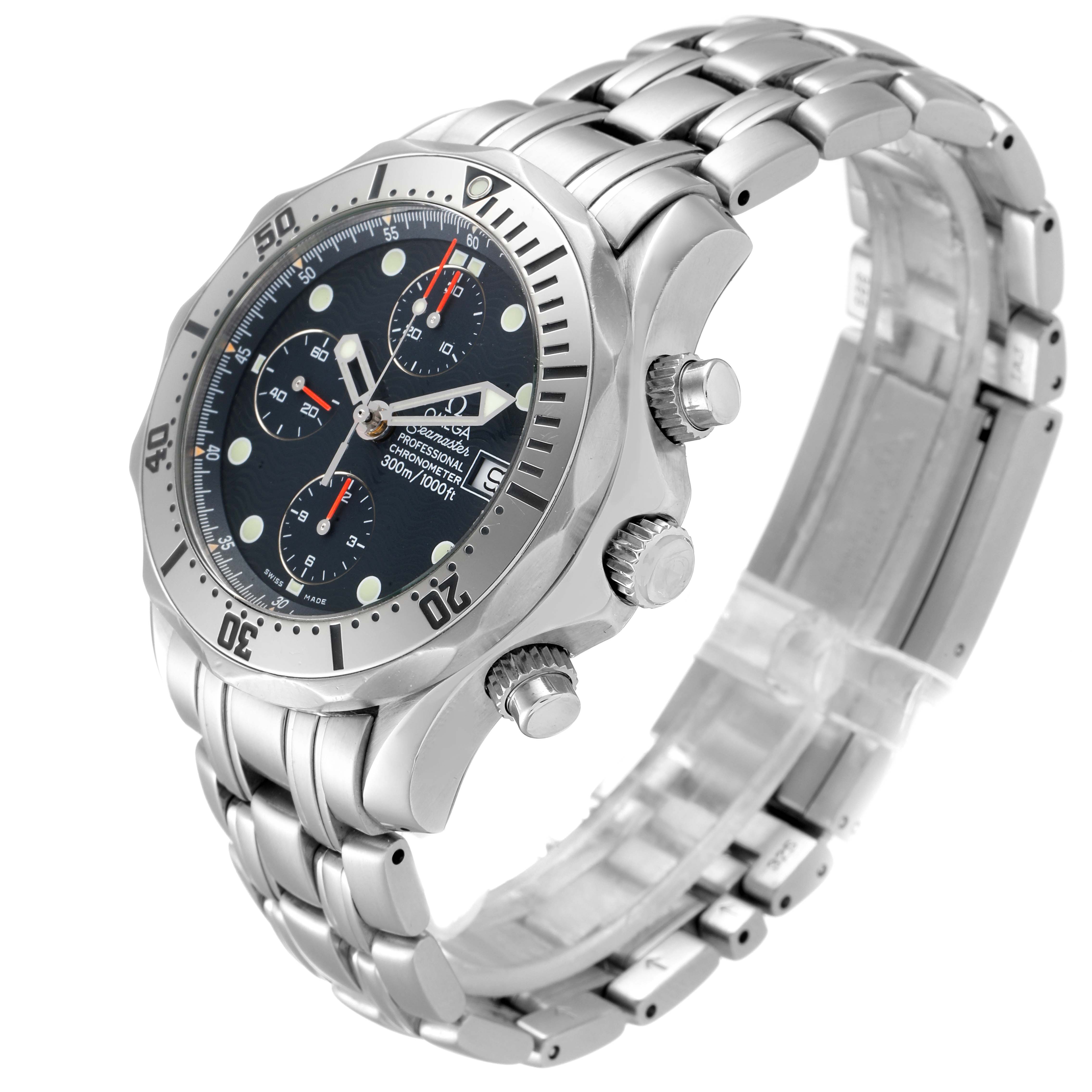 The Omega Seamaster 2598.80.00 Men
s Stainless Steel Blue Dial 2598.80.00 Men
s Stainless Steel Blue Dial watch is shown at a three-quarter angle, highlighting the face, bezel, and stainless steel bracelet.