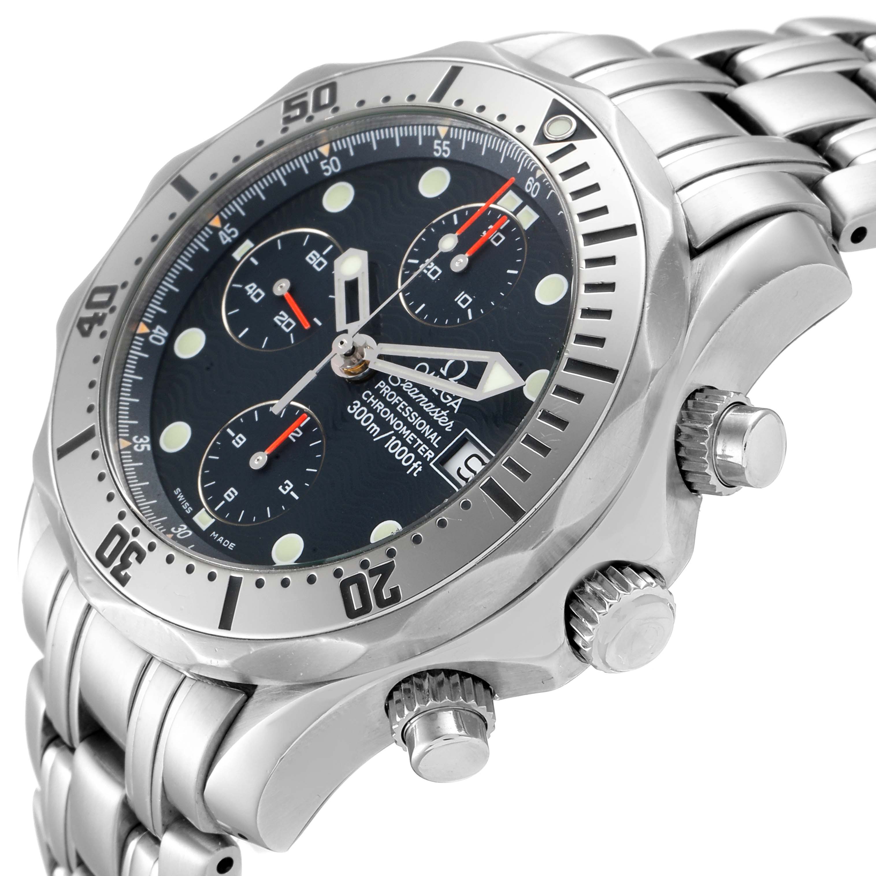 The image shows a side and top view of an Omega Seamaster 2598.80.00 Men
s Stainless Steel Blue Dial 2598.80.00 Men
s Stainless Steel Blue Dial watch, highlighting its bezel, dial, and stainless steel bracelet.