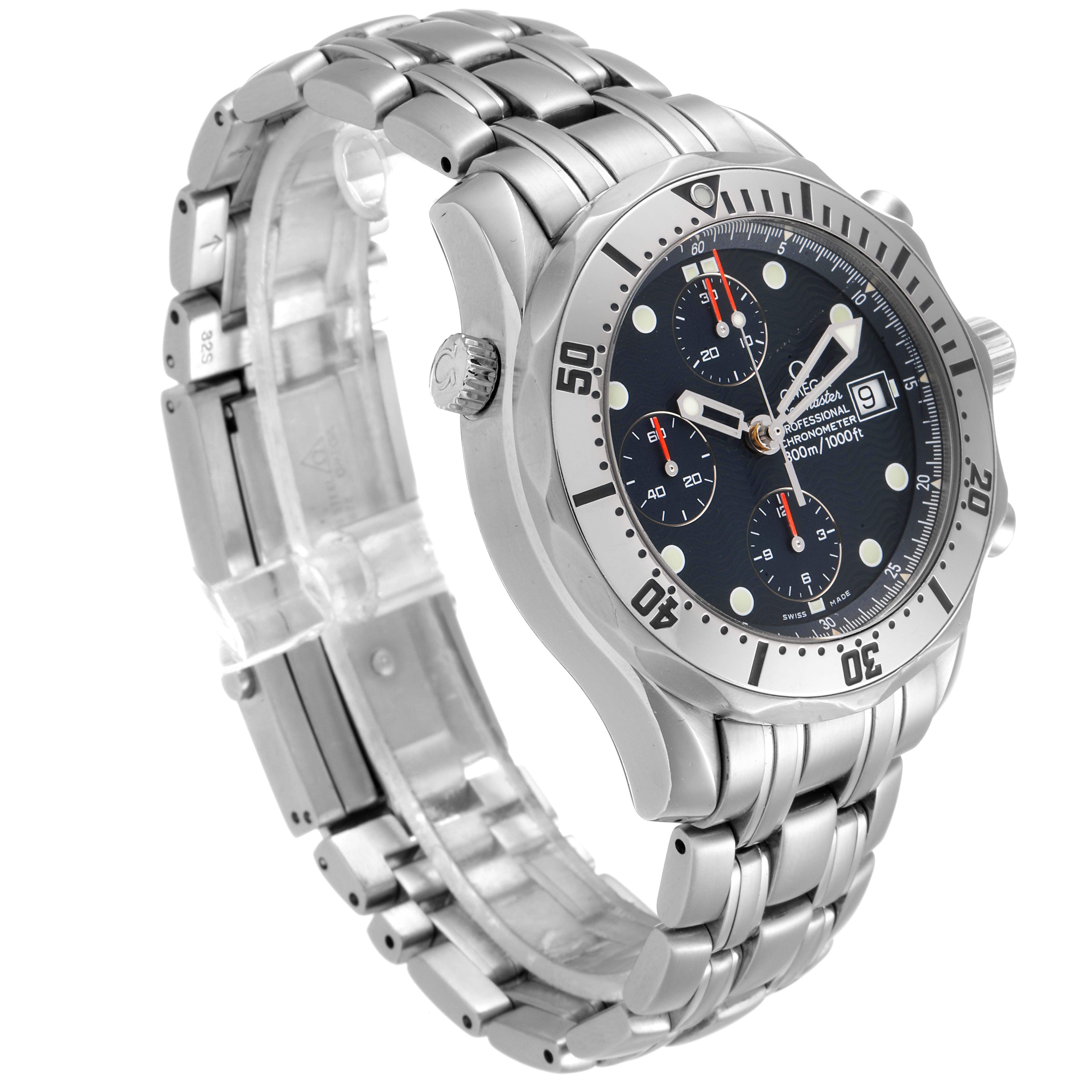 The image shows an Omega Seamaster 2598.80.00 Men
s Stainless Steel Blue Dial 2598.80.00 Men
s Stainless Steel Blue Dial watch at a three-quarter angle, highlighting the bezel, dial, and stainless steel bracelet.