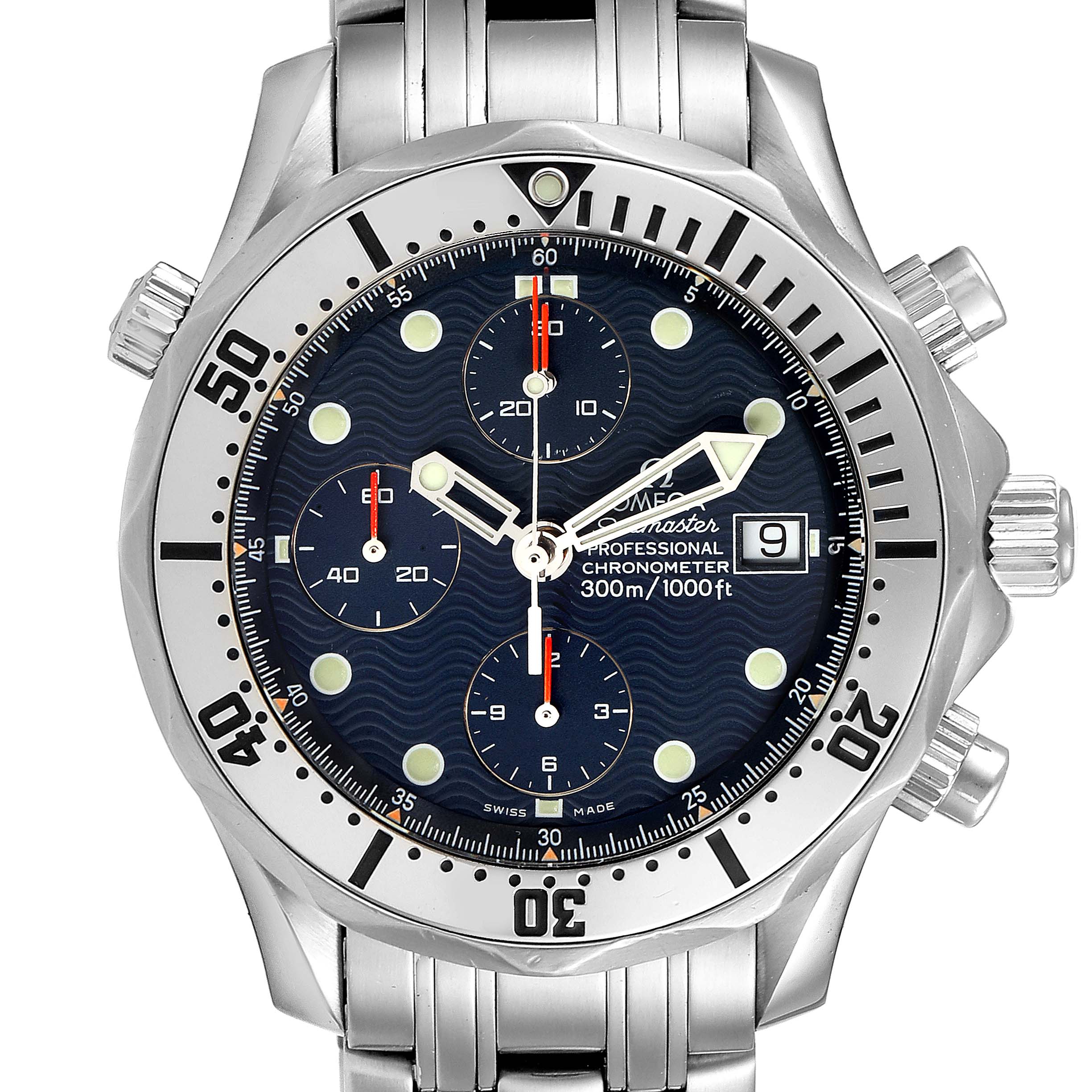 The image shows an Omega Seamaster 2598.80.00 Men
s Stainless Steel Blue Dial 2598.80.00 Men
s Stainless Steel Blue Dial watch face and part of the stainless steel band from a frontal angle.