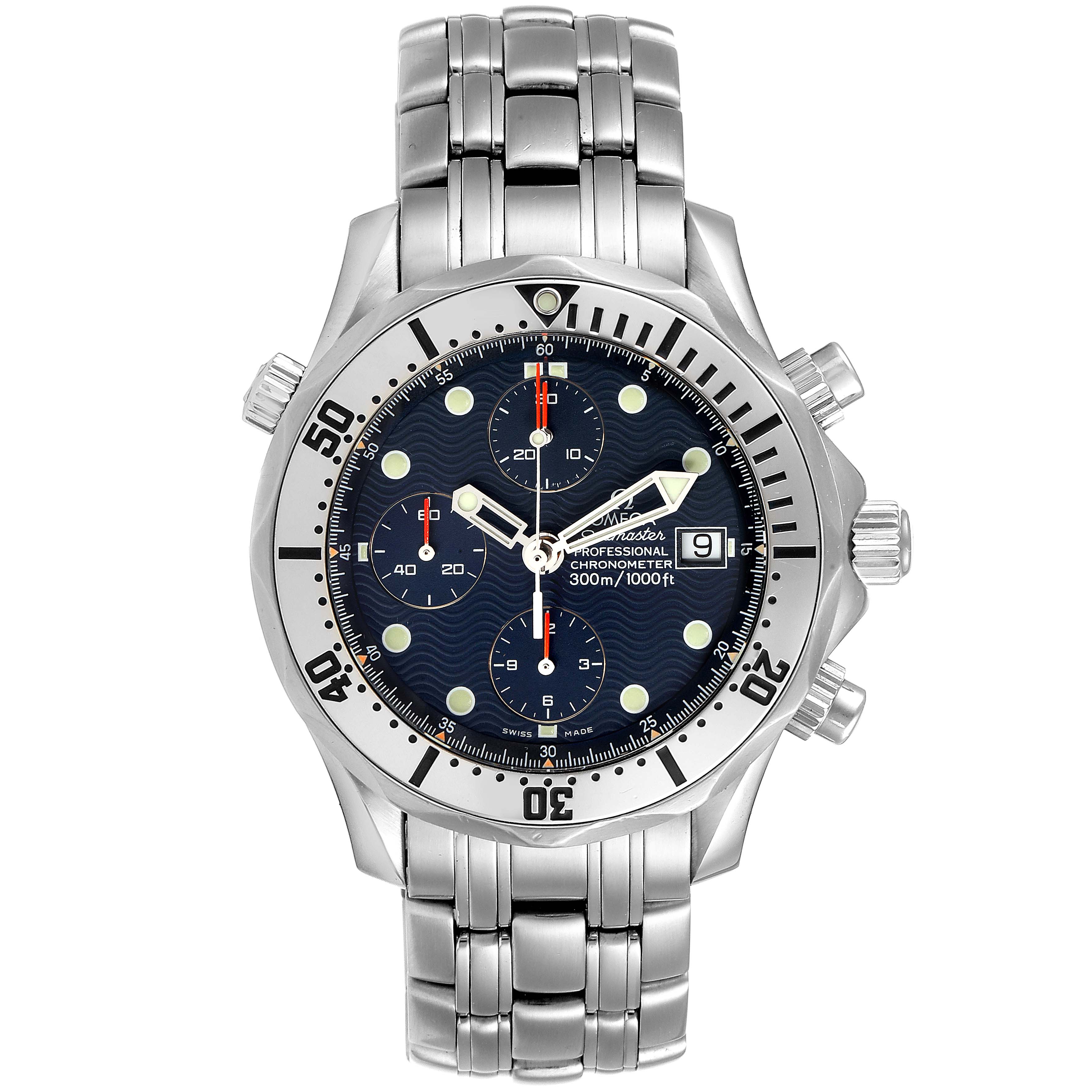 This image shows a frontal view of the Omega Seamaster 2598.80.00 Men
s Stainless Steel Blue Dial 2598.80.00 Men
s Stainless Steel Blue Dial watch, highlighting the dial, bezel, crown, pushers, and bracelet.