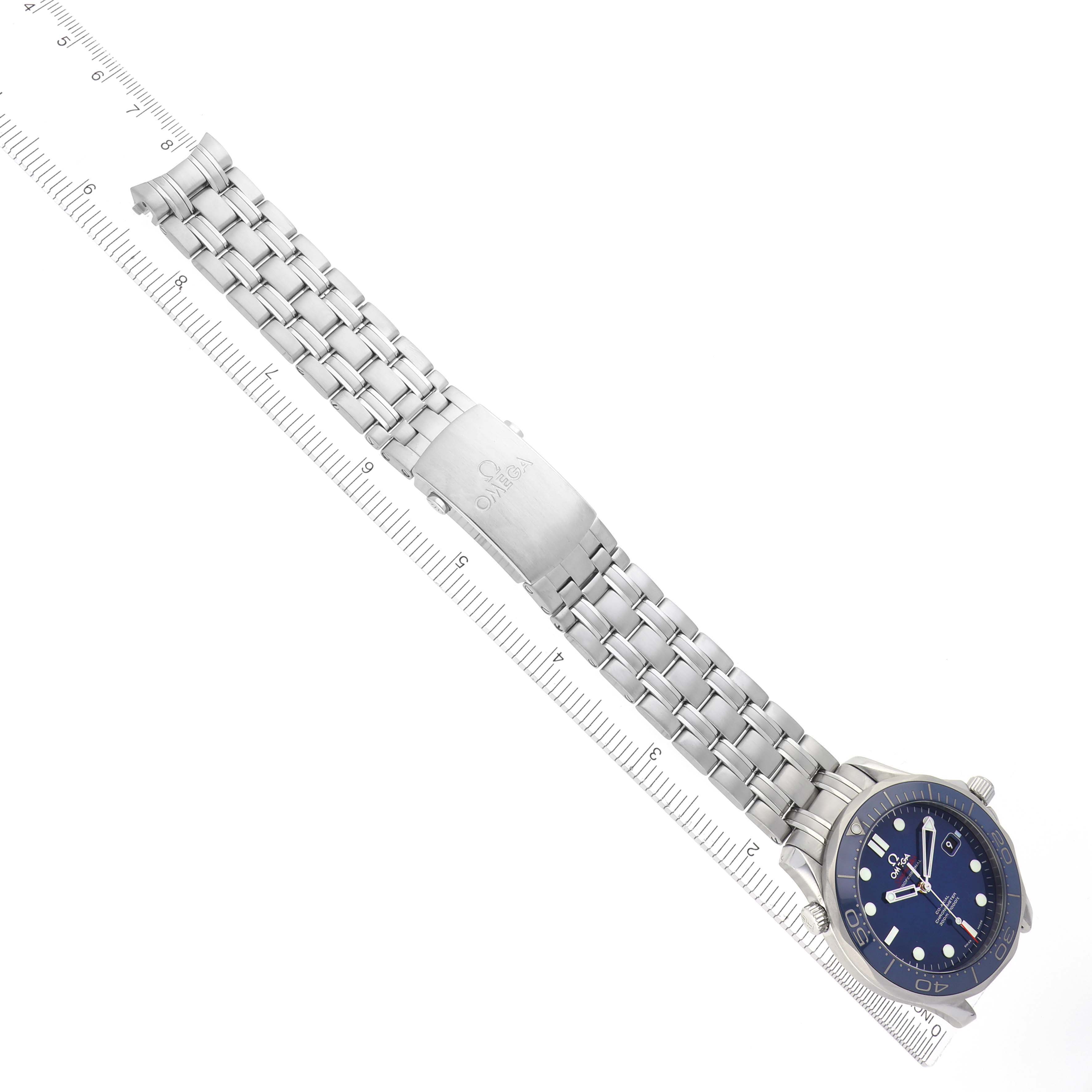 The Omega Seamaster 212.30.41.20.03.001 Men
s Stainless Steel Blue Dial 212.30.41.20.03.001 Men
s Stainless Steel Blue Dial is shown at an angle displaying the entire watch, including the face, bezel, and metal bracelet clasp.